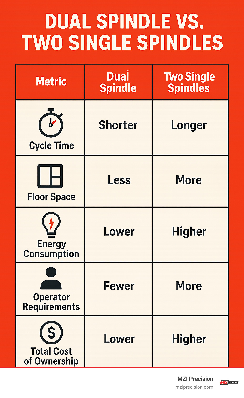 Comparison table showing dual spindle vs two single spindles across metrics like cycle time, floor space, energy consumption, operator requirements, and total cost of ownership - dual spindle cnc machine infographic 