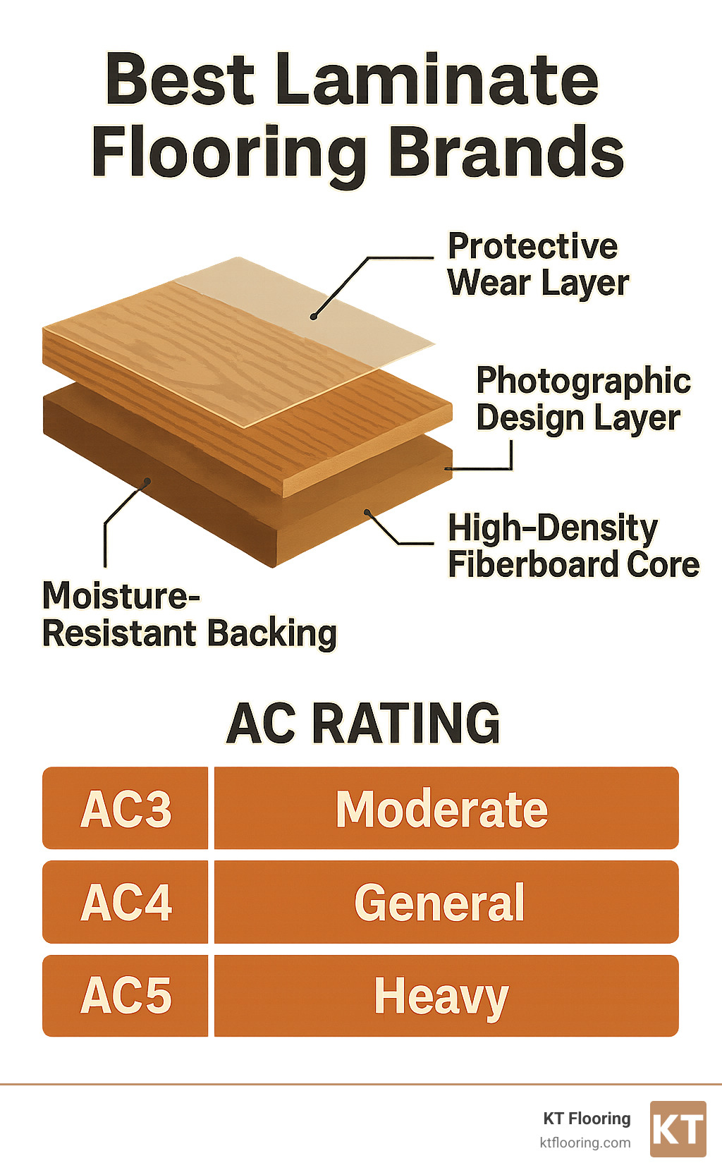 Detailed infographic showing the four-layer construction of laminate flooring: protective wear layer on top, photographic design layer with wood grain pattern, high-density fiberboard core for stability, and moisture-resistant backing layer at bottom, with AC rating scale from AC3 to AC5 and corresponding durability levels - Best laminate flooring brands infographic