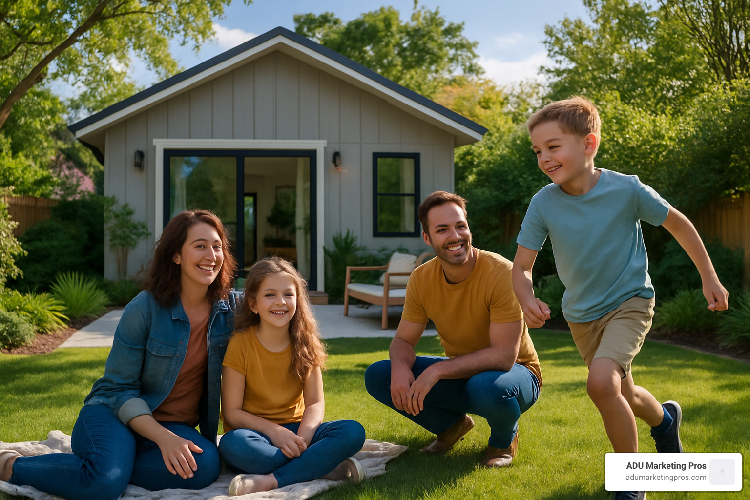 Family enjoying outdoor space around backyard ADU - ADU vs tiny house