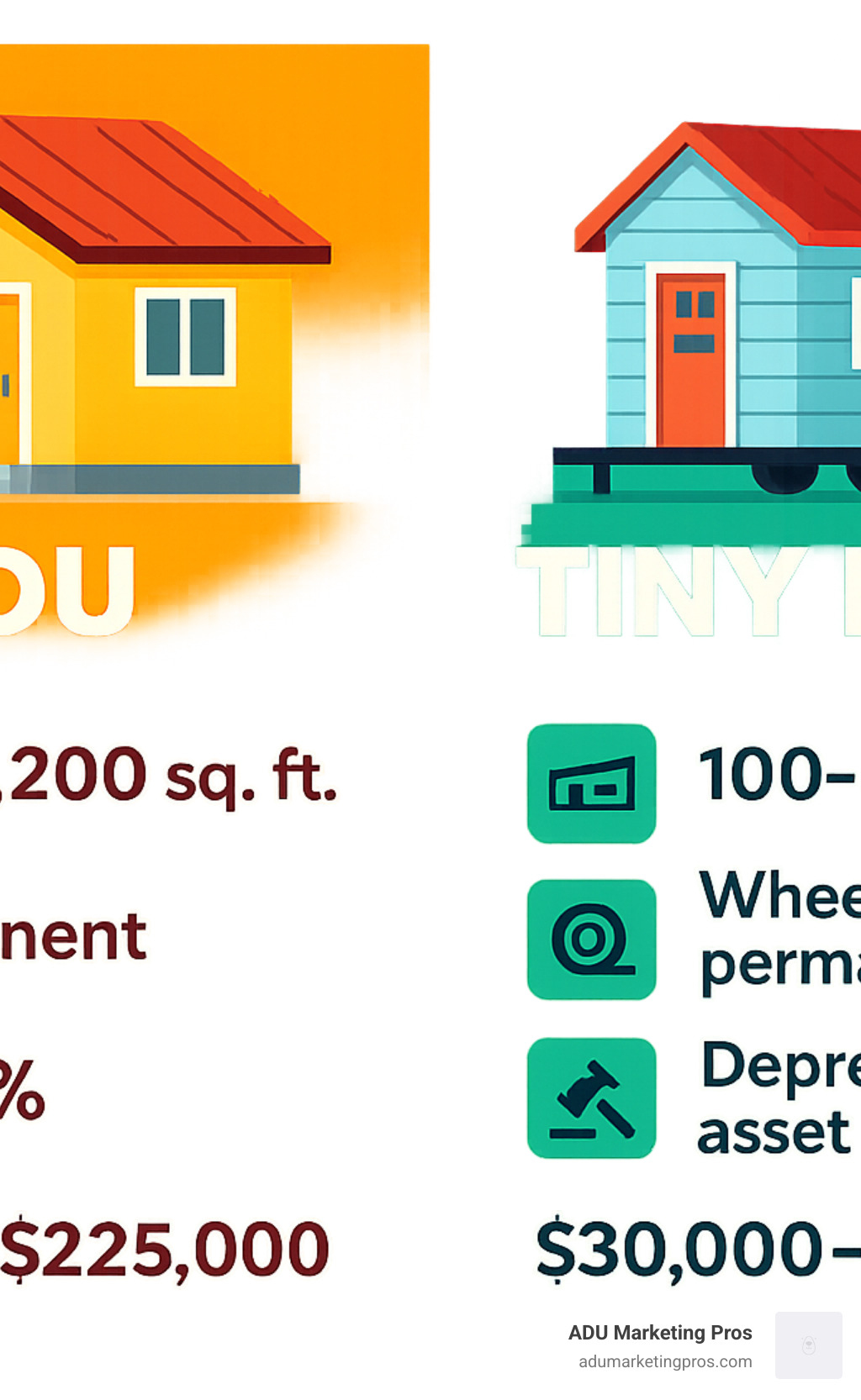 Infographic comparing ADU vs tiny house key statistics: ADU size range 150-1200 sq ft with permanent foundation and 7-30% property value increase versus tiny house size range 100-400 sq ft with wheels or permanent foundation and depreciating asset status, including cost ranges and legal classifications - ADU vs tiny house infographic 