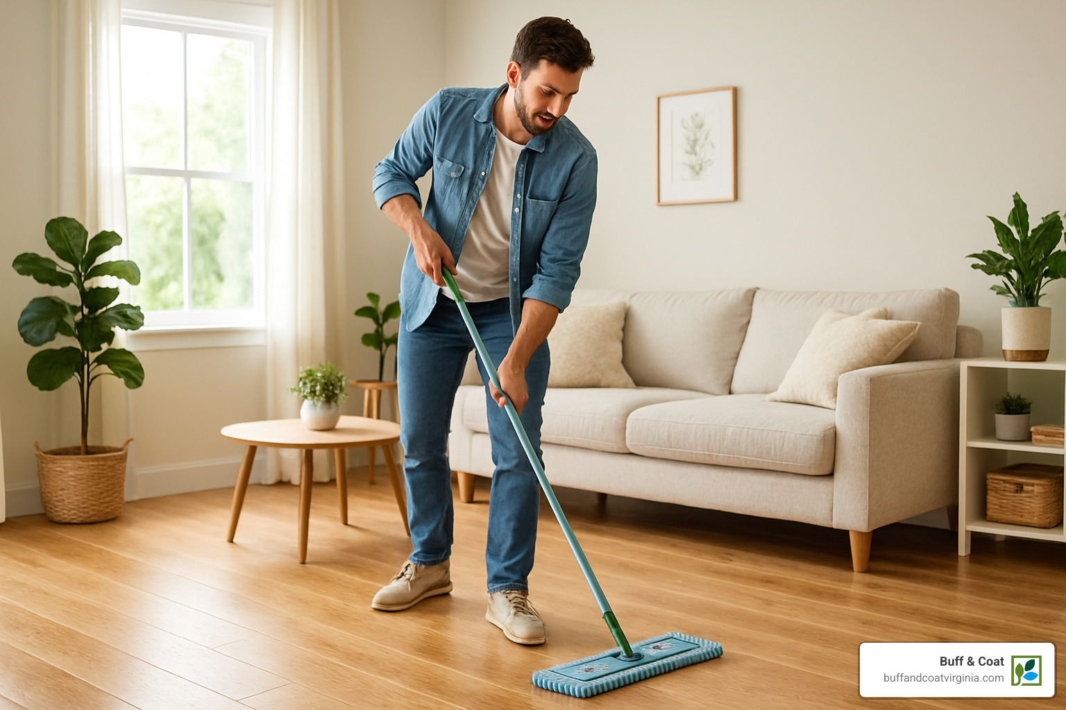 homeowner gently mopping eco-friendly finished floors - eco-friendly floor refinishing
