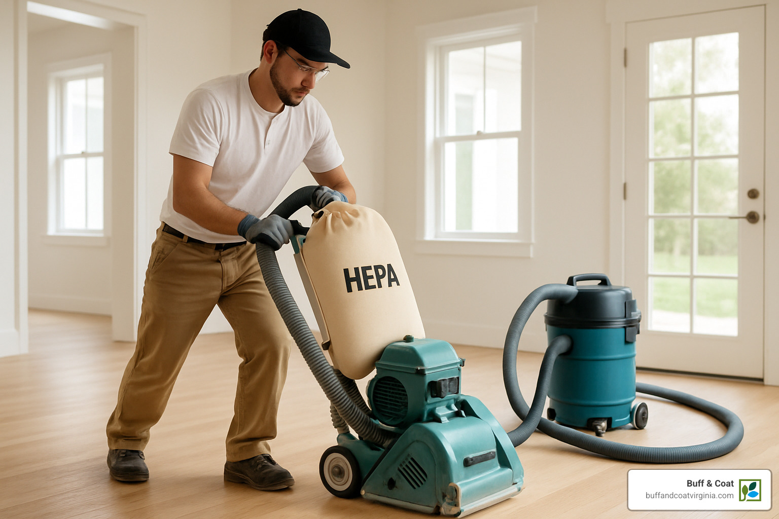 HEPA-equipped dustless sander in action - eco-friendly floor refinishing