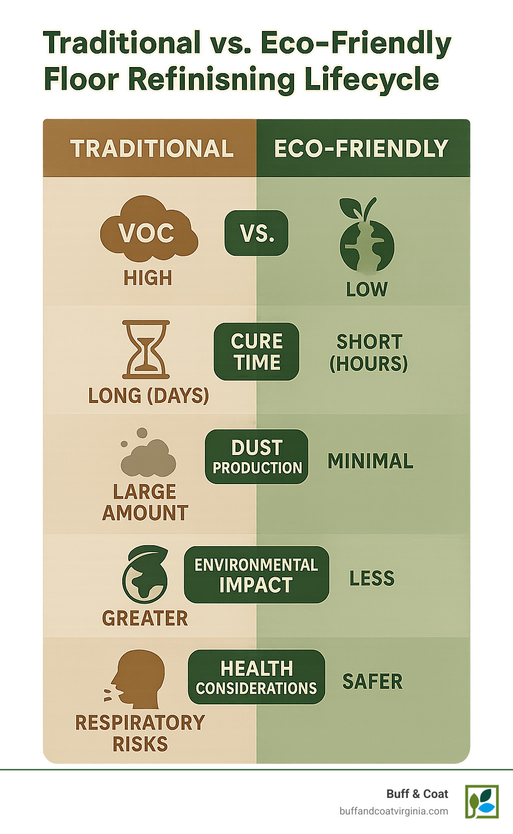 Detailed comparison infographic showing traditional vs eco-friendly floor refinishing lifecycle including VOC emissions, cure times, dust production, environmental impact, and health considerations - eco-friendly floor refinishing infographic