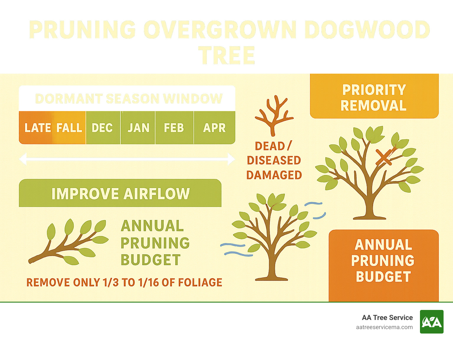 Comprehensive dogwood pruning timeline showing dormant season window from late fall through early spring, with monthly breakdown of optimal timing for Massachusetts and New Hampshire climates, priority removal sequence for dead/diseased/damaged branches, airflow improvement techniques, and annual pruning budget limits - pruning overgrown dogwood tree infographic