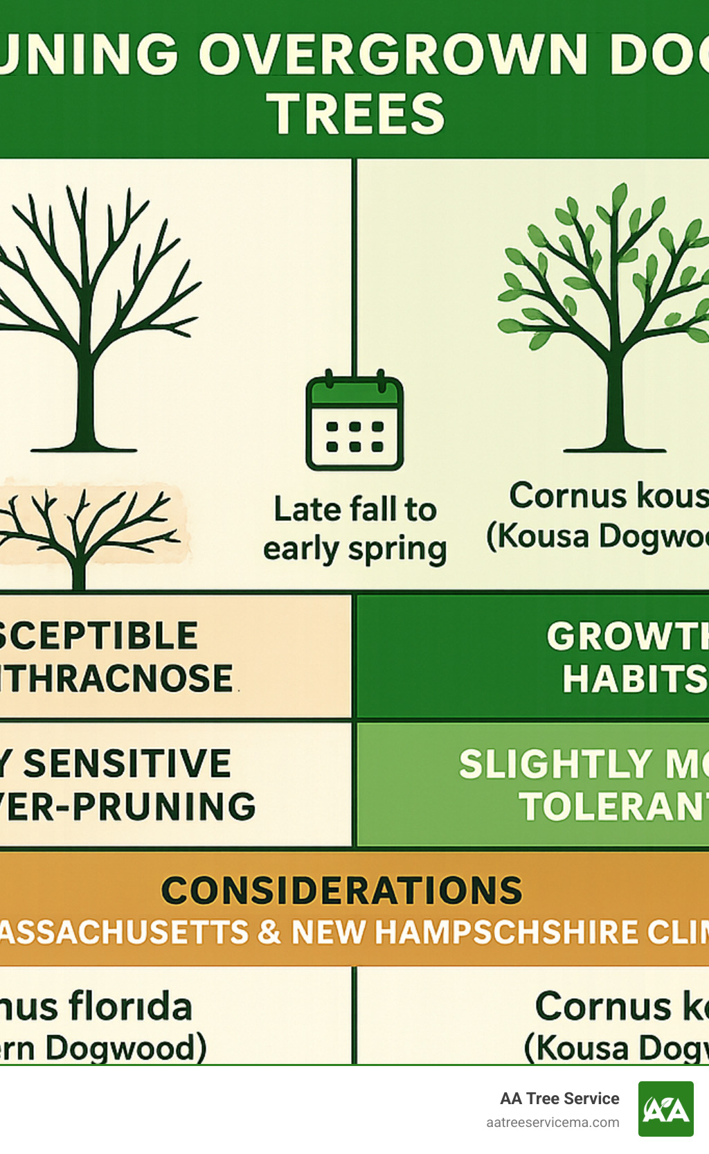 Comparison chart showing pruning differences between Cornus florida (Eastern Dogwood) and Cornus kousa (Kousa Dogwood) including timing, disease resistance, growth habits, and specific pruning considerations for Massachusetts and New Hampshire climates - pruning overgrown dogwood tree infographic