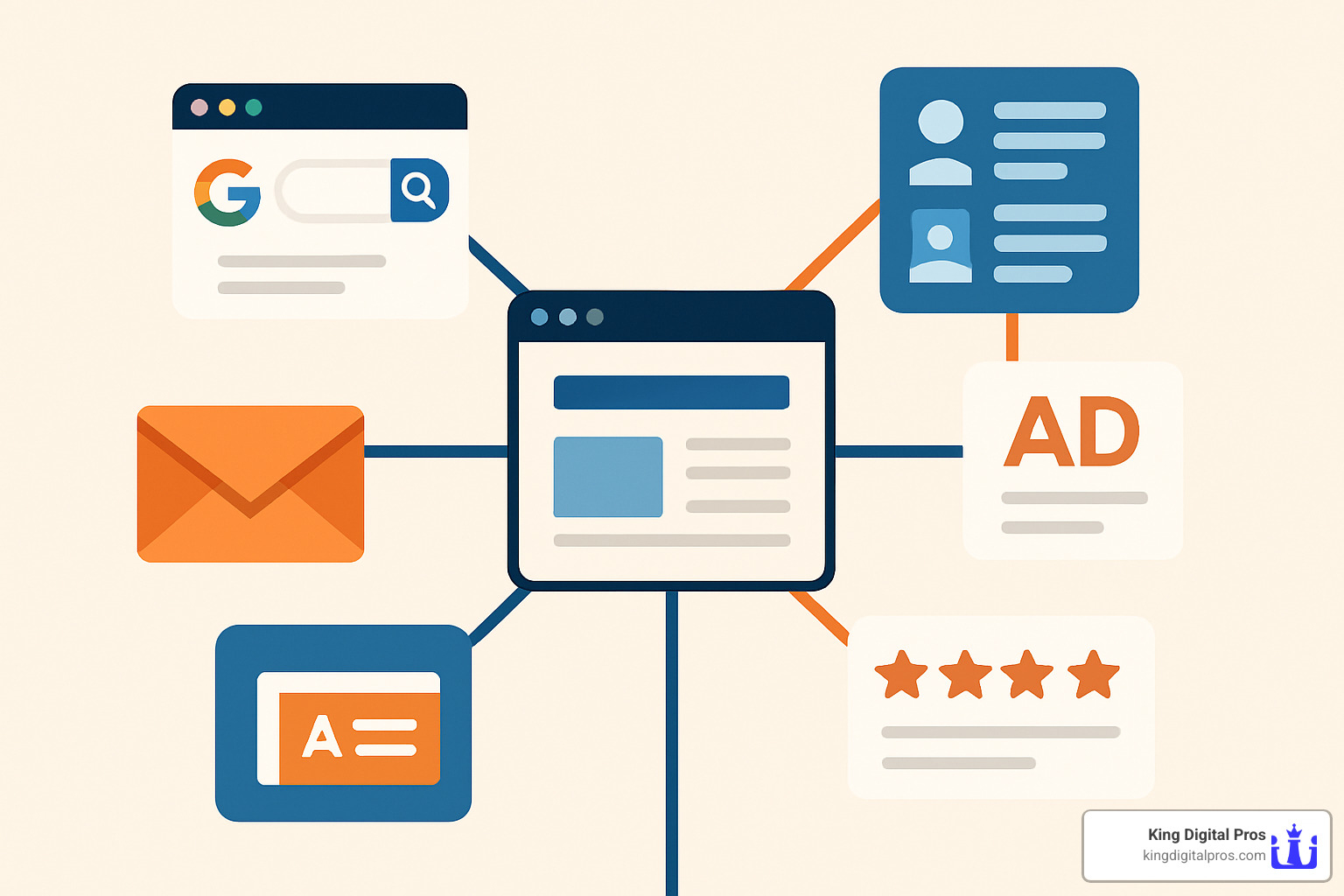 interconnected marketing channels visualizing website, search, social, email, ads, and reviews - Improve online business presence Interconnected Marketing Channels Visualizing Website, Search, Social, Email, Ads, And Reviews - Improve Online Business Presence