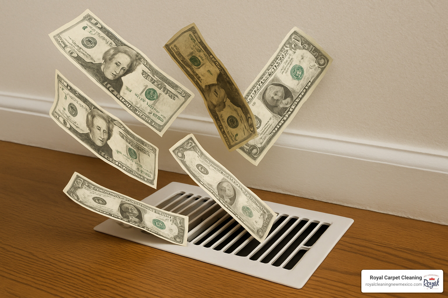 Dollar bills being blown out of an air vent, illustrating money wasted on energy costs from dirty ducts - air duct cleaning albuquerque