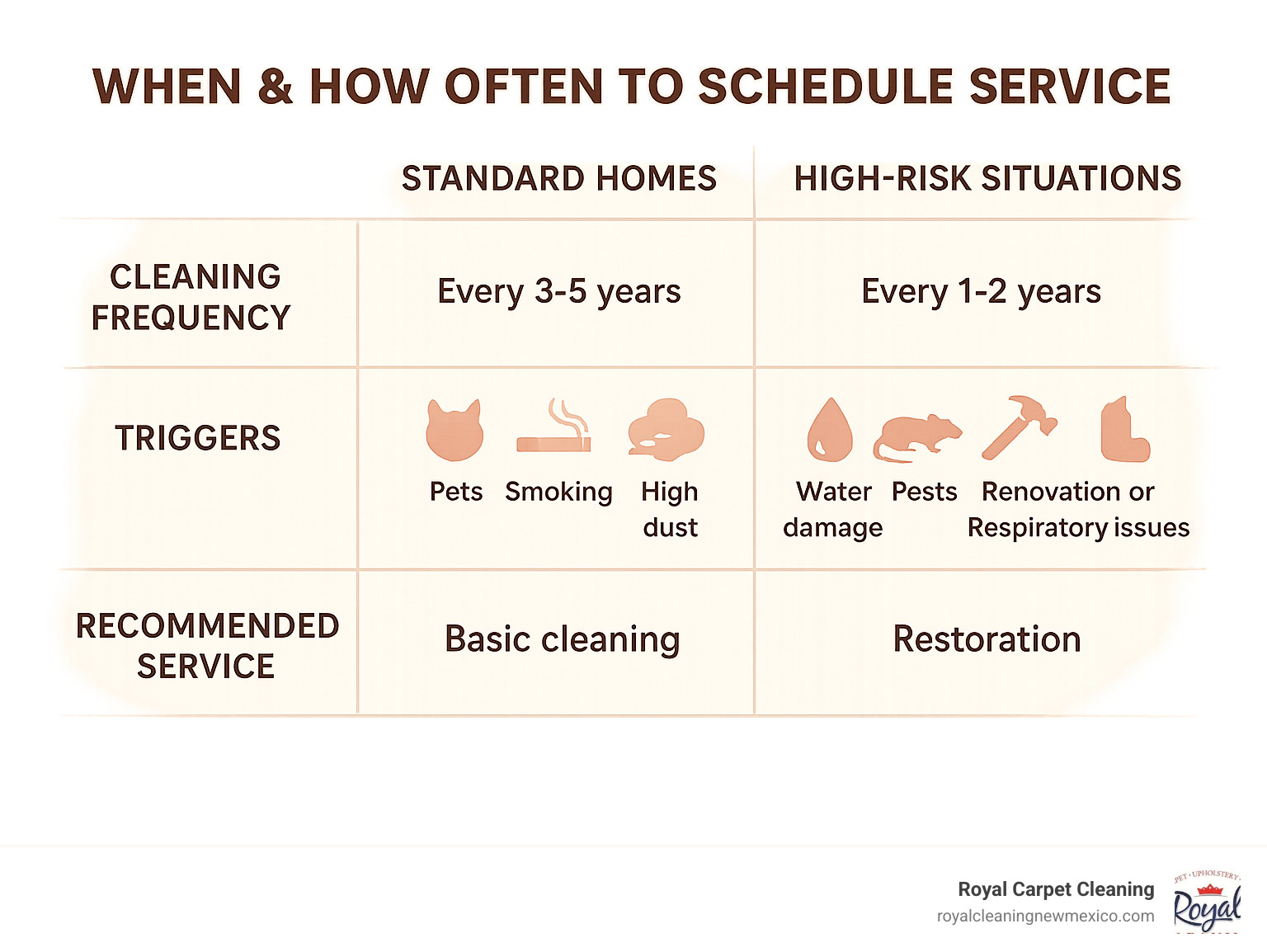 Comparison table showing cleaning frequency recommendations for standard homes versus high-risk situations with specific triggers and recommended services - air duct cleaning albuquerque infographic 