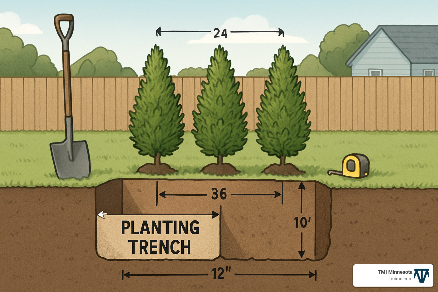5f8af34c83769140dcce229b46b5f69c0aaf9c94 Privacy Landscaping Ideas: Creative Seclusion Tips Discover Privacy landscaping ideas to boost seclusion, curb appeal, and wildlife habitat in your yard—creative tips for every space! Detailed step-by-step planting guide showing marked planting trench dimensions and proper spacing for privacy hedge installation - Privacy landscaping ideas