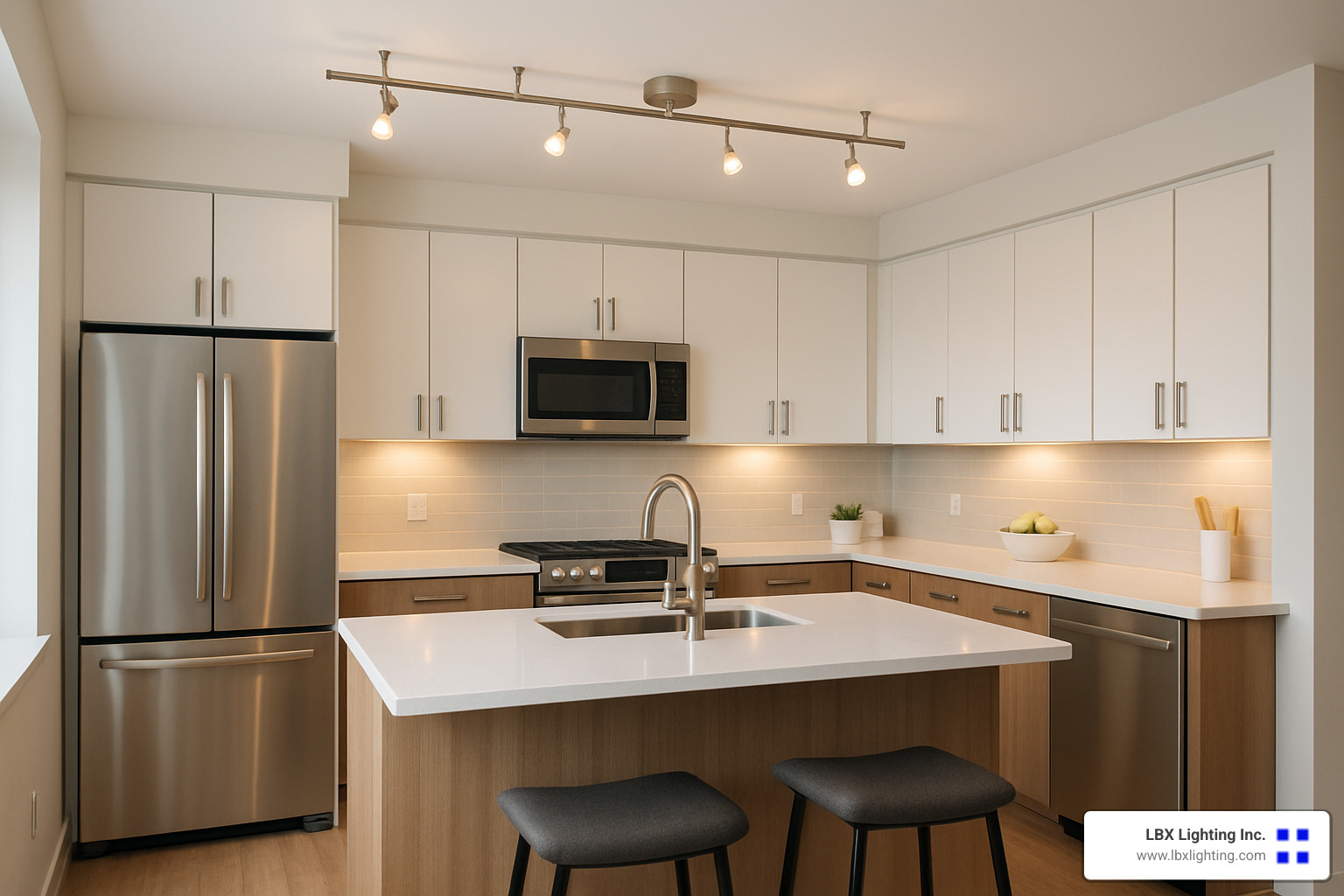 contemporary rail lighting in modern kitchen - rail lighting