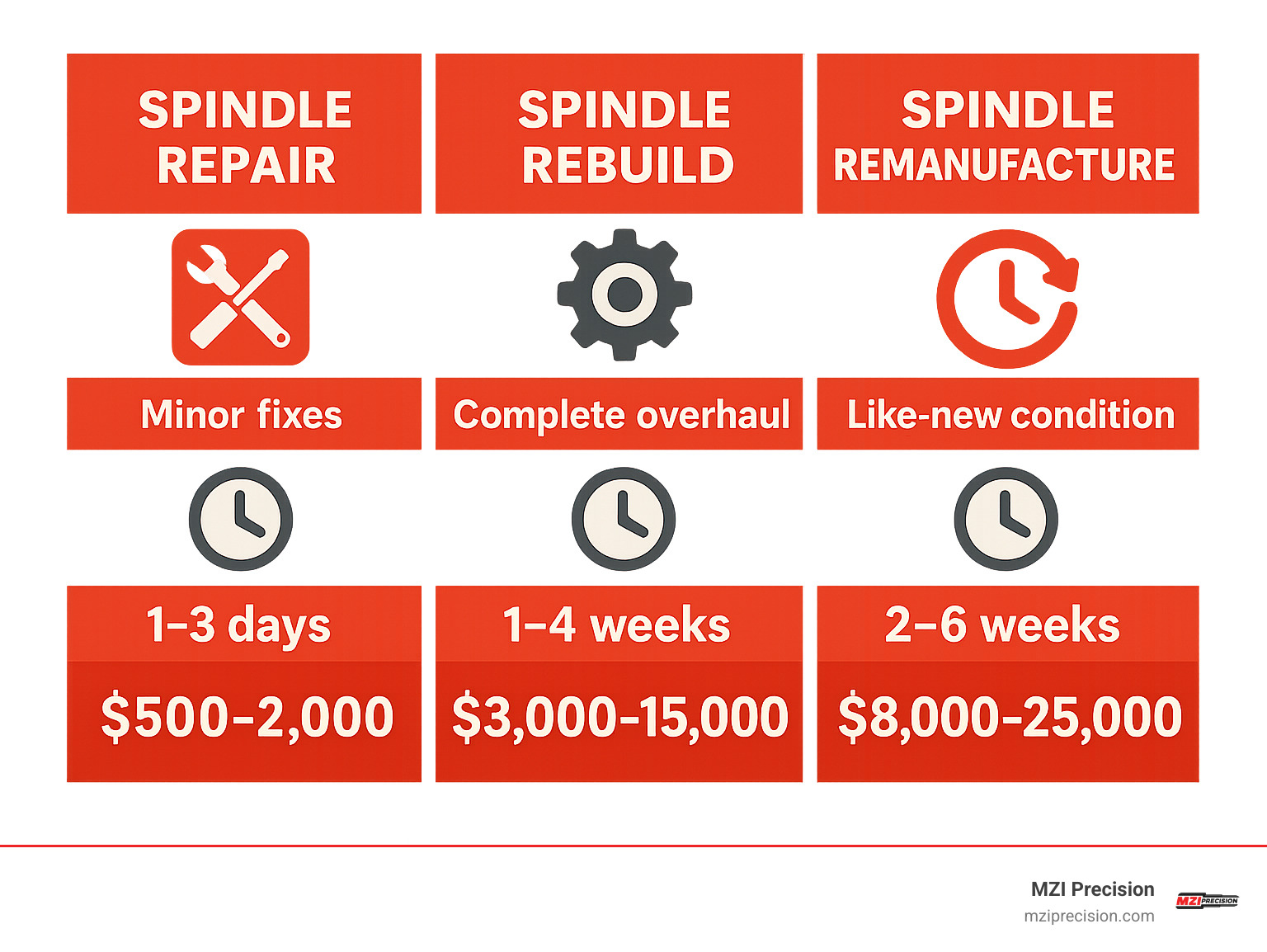 Detailed comparison infographic showing three columns: Spindle Repair (minor fixes, 1-3 days, $500-2000), Spindle Rebuild (complete overhaul, 1-4 weeks, $3000-15000), and Spindle Remanufacture (like-new condition, 2-6 weeks, $8000-25000), with icons showing tools, timeframes, and cost ranges for each service level - car engine rebuild shops near me infographic