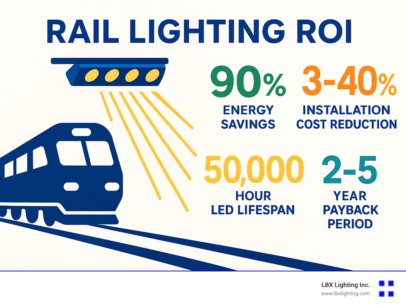 Statistical infographic showing rail lighting ROI with 90% energy savings, 30-40% installation cost reduction, 50,000 hour LED lifespan, and 2-5 year payback period - rail lighting infographic 