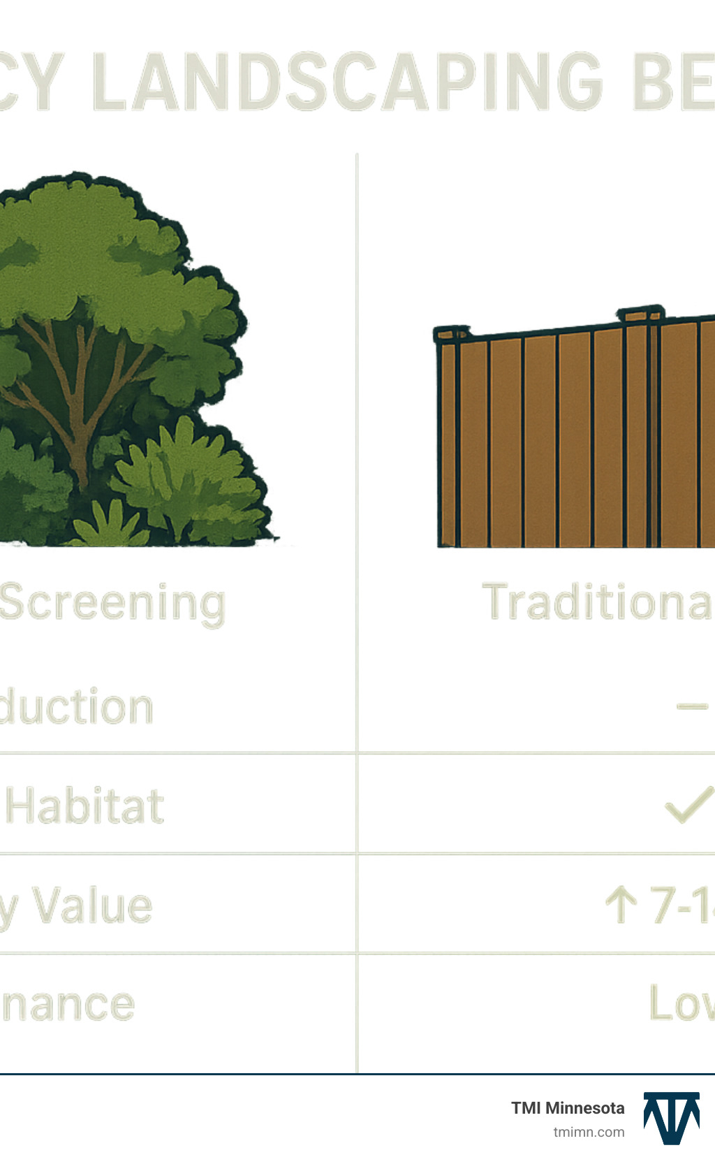 890a34cec35826409dac2bff097ed4dbcc47b5bf Privacy Landscaping Ideas: Creative Seclusion Tips Discover Privacy landscaping ideas to boost seclusion, curb appeal, and wildlife habitat in your yard—creative tips for every space! Comprehensive comparison infographic showing privacy landscaping benefits including visual screening, noise reduction percentages, wildlife habitat creation, property value increases, and maintenance requirements versus traditional fencing options - Privacy landscaping ideas infographic