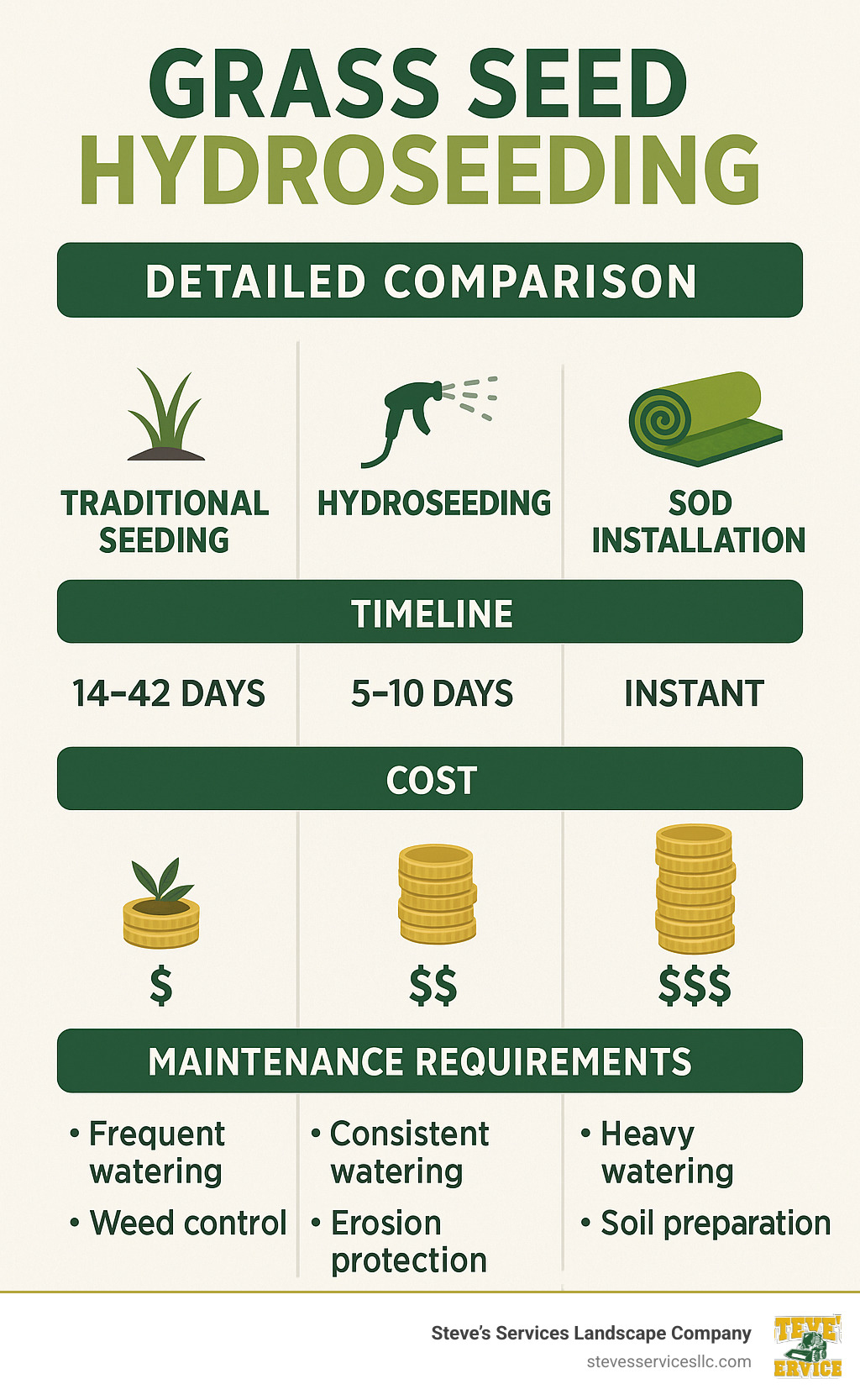 Detailed comparison infographic showing timeline, cost breakdown, and maintenance requirements for traditional seeding vs hydroseeding vs sod installation methods - Grass seed hydroseeding infographic 