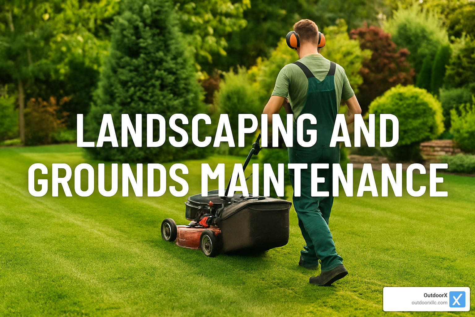 Professional grounds maintenance equipment and seasonal service calendar showing mowing, pruning, fertilizing, irrigation, snow removal, and pest control activities - landscaping and grounds maintenance