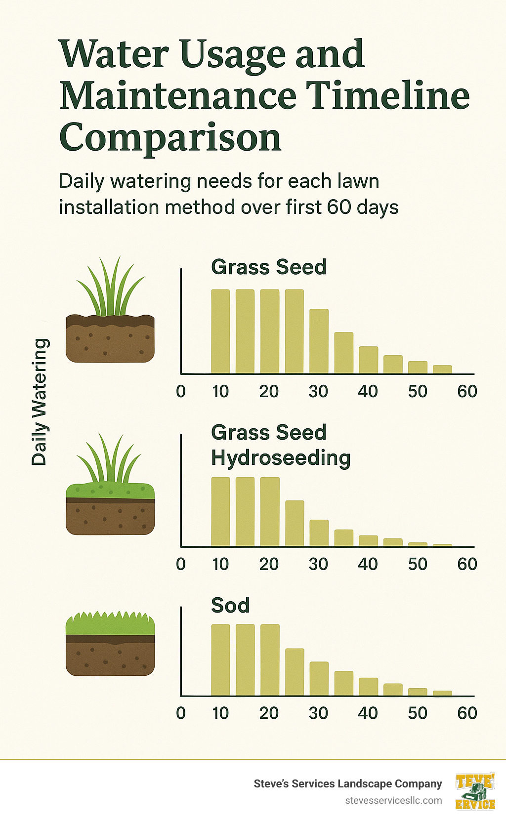 Water usage and maintenance timeline comparison chart showing daily watering needs for each lawn installation method over first 60 days - Grass seed hydroseeding infographic 