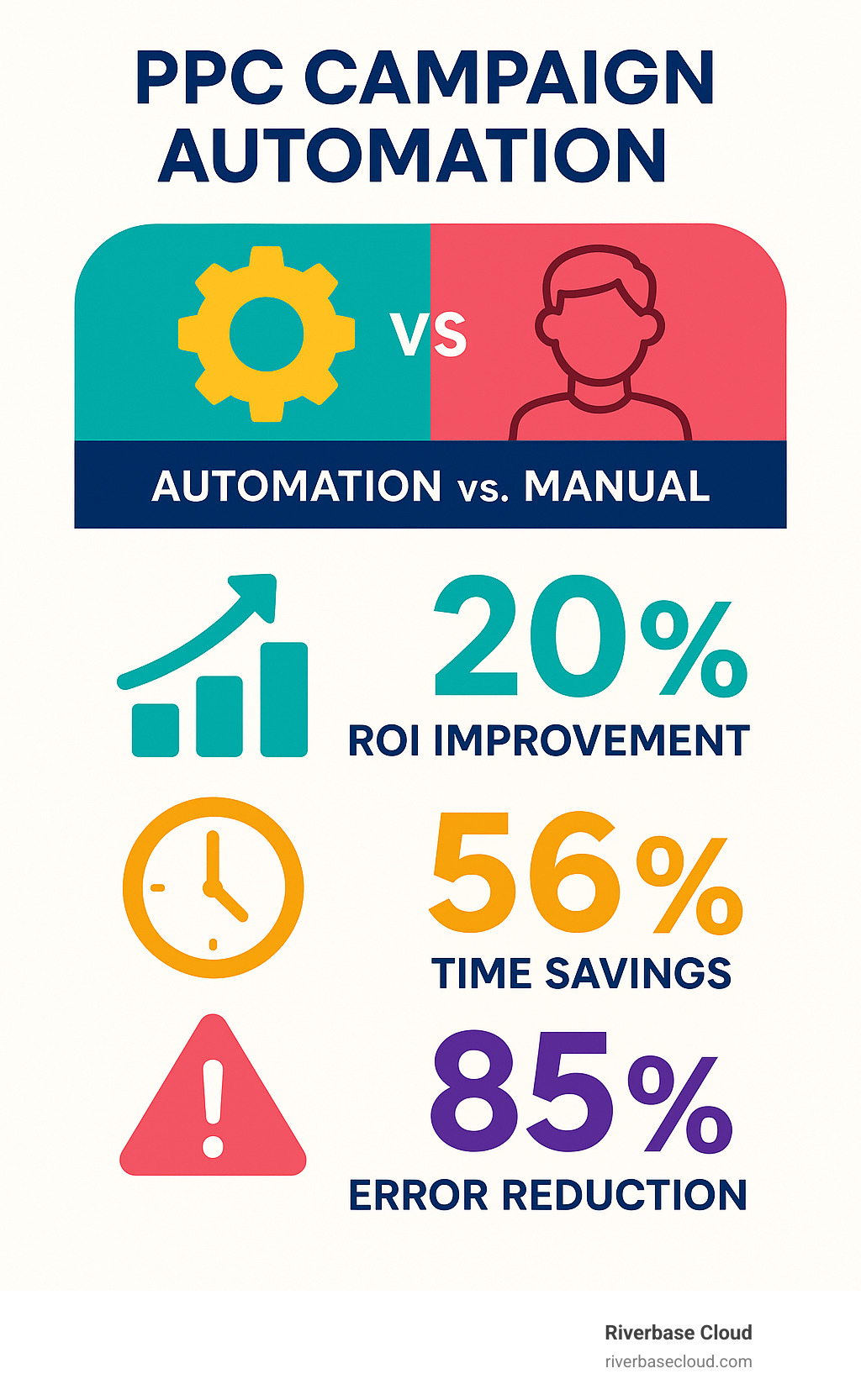 Statistical comparison showing 20% ROI improvement, 56% time savings, and 85% error reduction with PPC automation versus manual management - PPC campaign automation infographic 