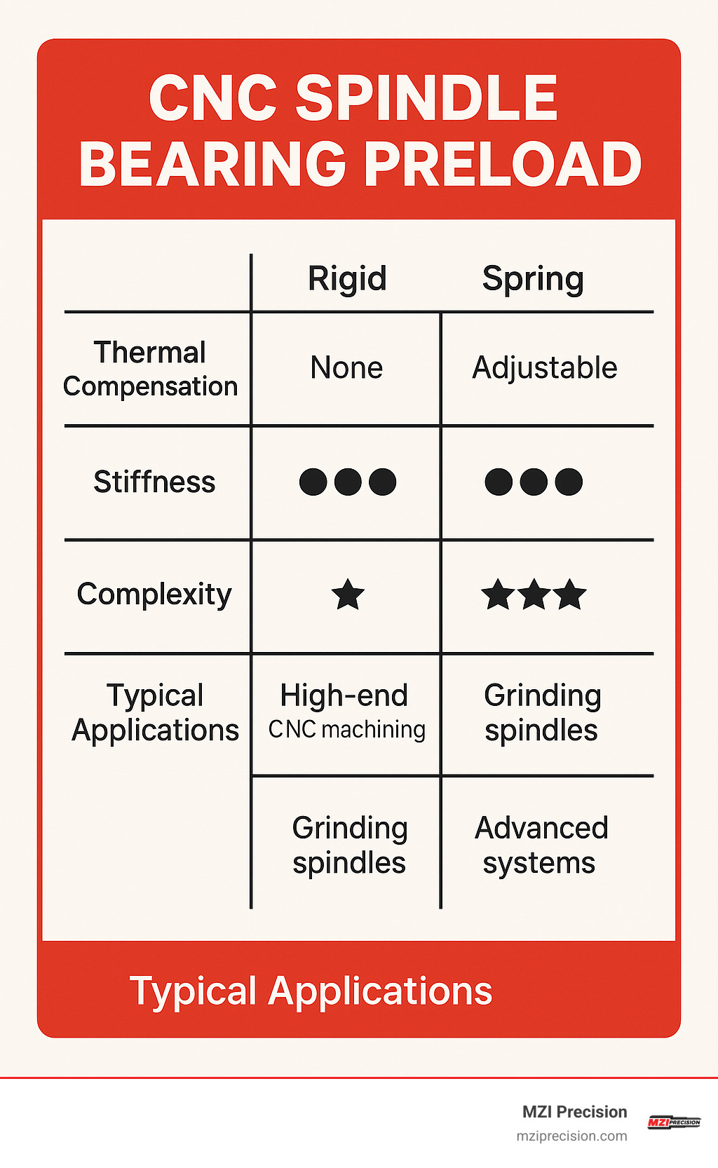 Comparison table showing rigid vs spring vs hydraulic preload methods with thermal compensation, stiffness levels, complexity ratings, and typical applications - CNC spindle bearing preload infographic