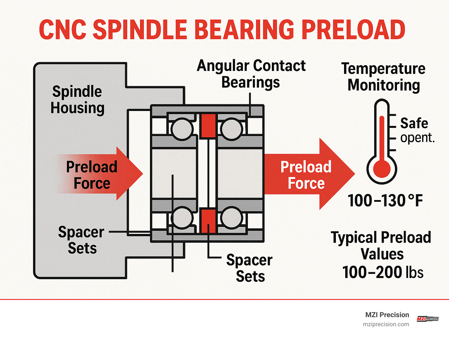 Detailed infographic showing CNC spindle bearing preload components including angular contact bearings in back-to-back configuration, spacer sets, preload force arrows, and temperature monitoring with safe operating ranges and typical preload values - CNC spindle bearing preload infographic