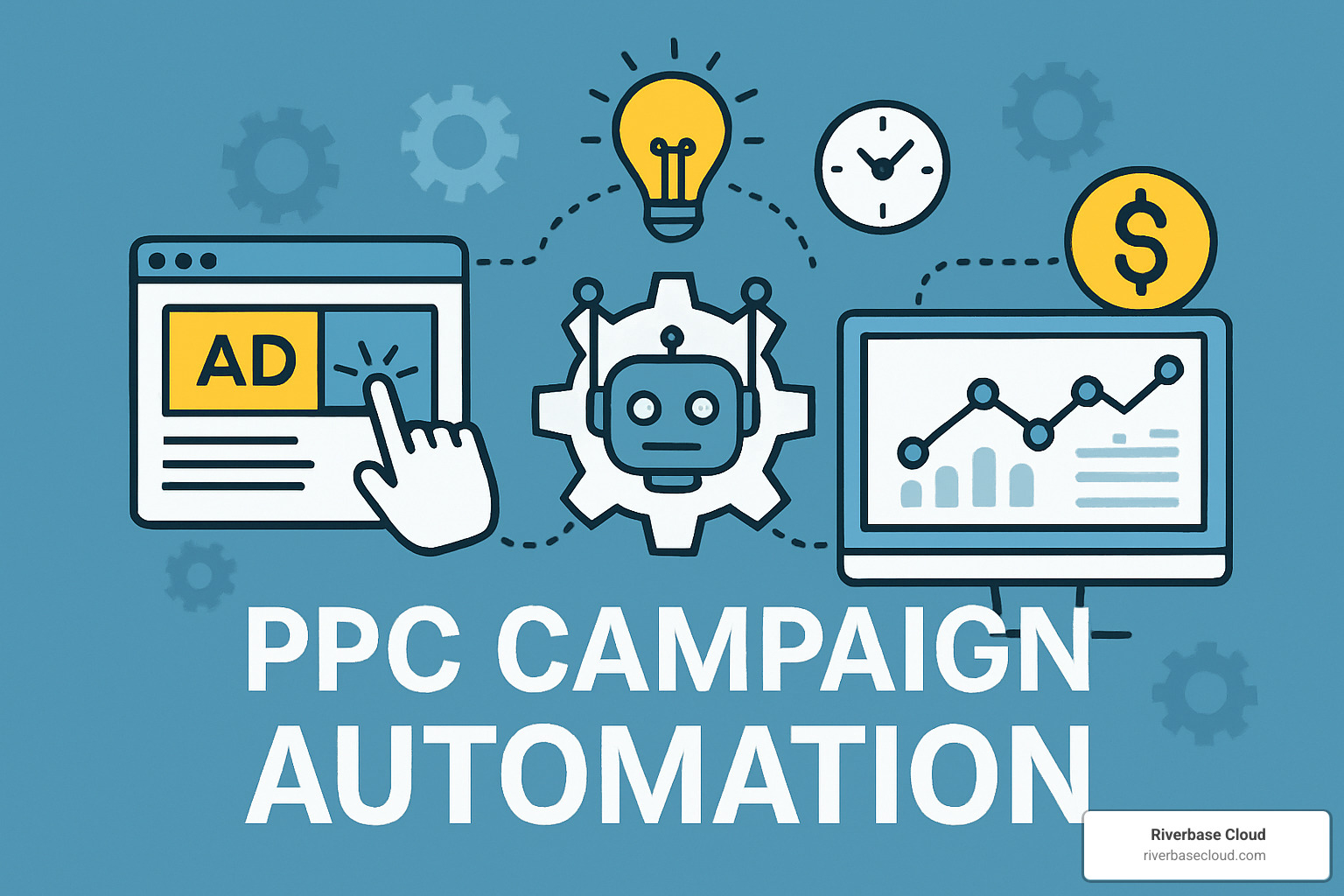 Modern PPC automation dashboard showing real-time campaign metrics, automated bid adjustments, and performance graphs - PPC campaign automation