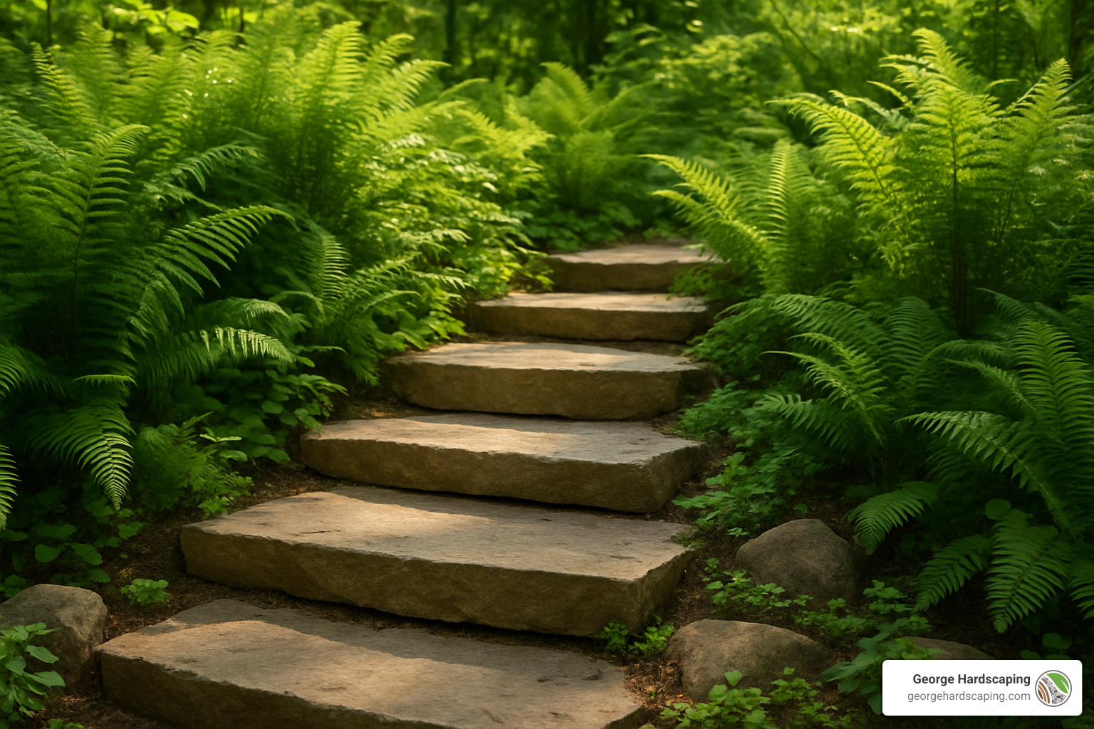 natural stone steps integrated into a fern garden landscape - how to install stone slab steps