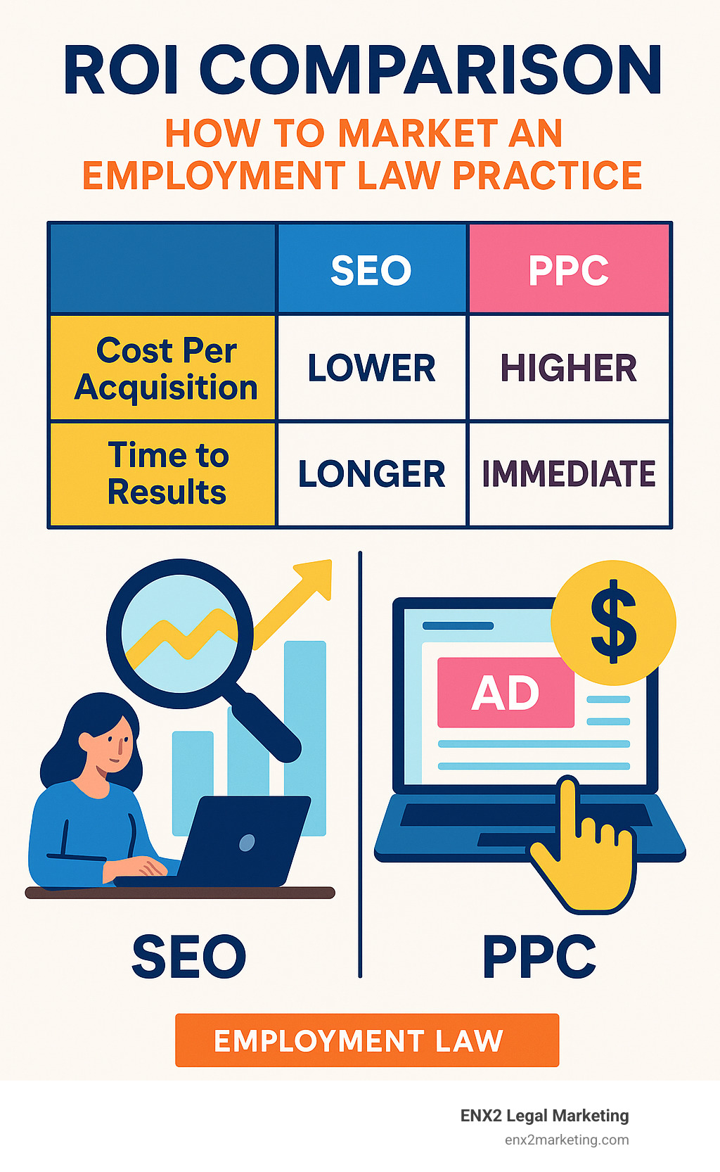 ROI comparison table showing SEO delivering lower cost per acquisition but longer time to results versus PPC providing immediate visibility but higher ongoing costs - how to market an employment law practice infographic 