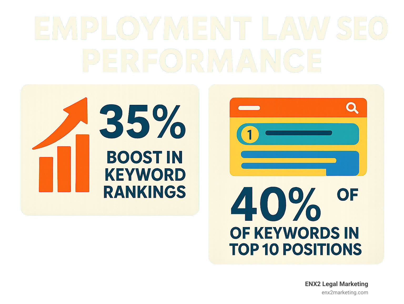Employment law SEO performance metrics showing 35% boost in keyword rankings and 40% of keywords in top 10 positions - how to market an employment law practice infographic 