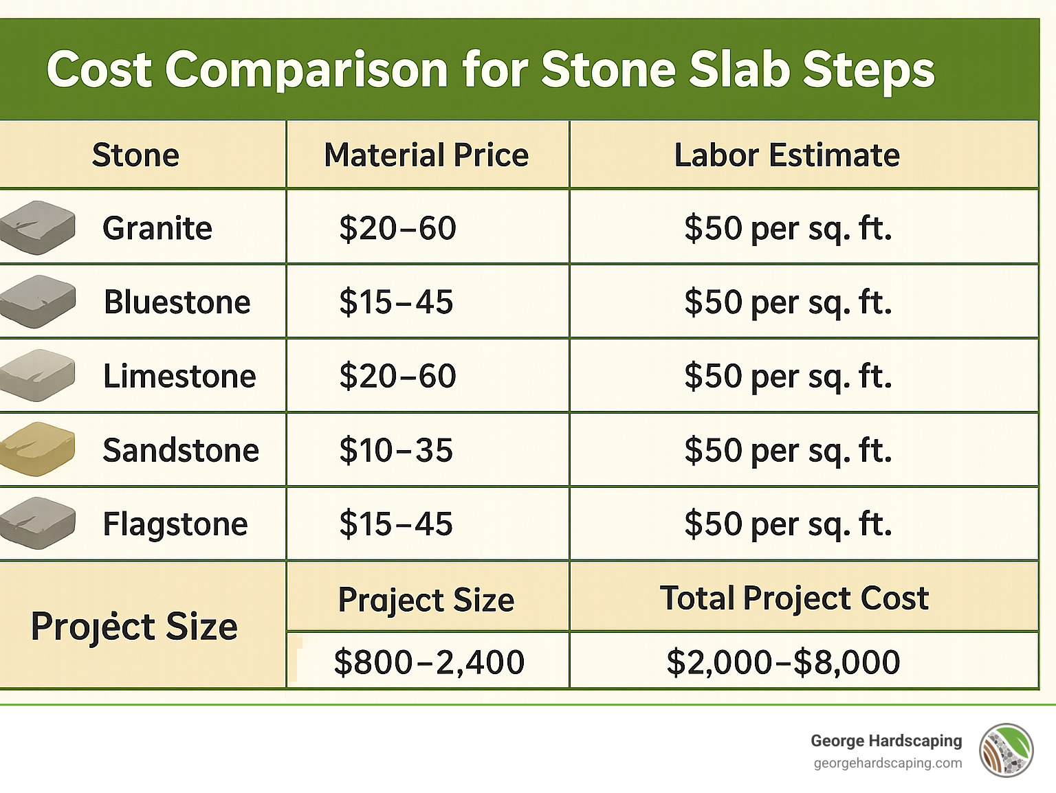 Comprehensive cost comparison chart showing material prices, labor estimates, and total project costs for different stone types and project sizes - how to install stone slab steps infographic 