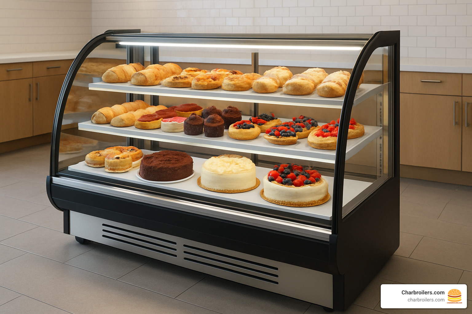 curved glass floor model bakery display case with LED lighting - bakery display cases