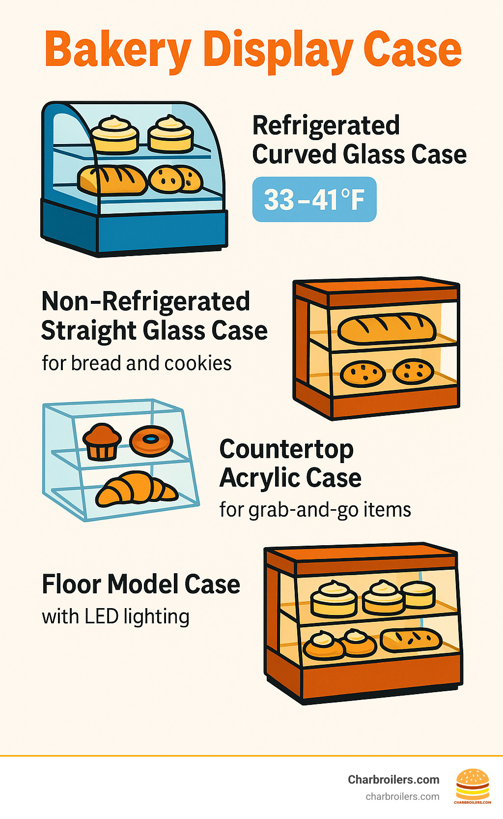 Infographic showing bakery display case types: refrigerated curved glass cases for cakes and cream pastries at 33-41°F, non-refrigerated straight glass cases for bread and cookies at room temperature, countertop acrylic cases for grab-and-go items, and floor model cases with LED lighting for maximum product visibility and capacity - bakery display cases infographic 