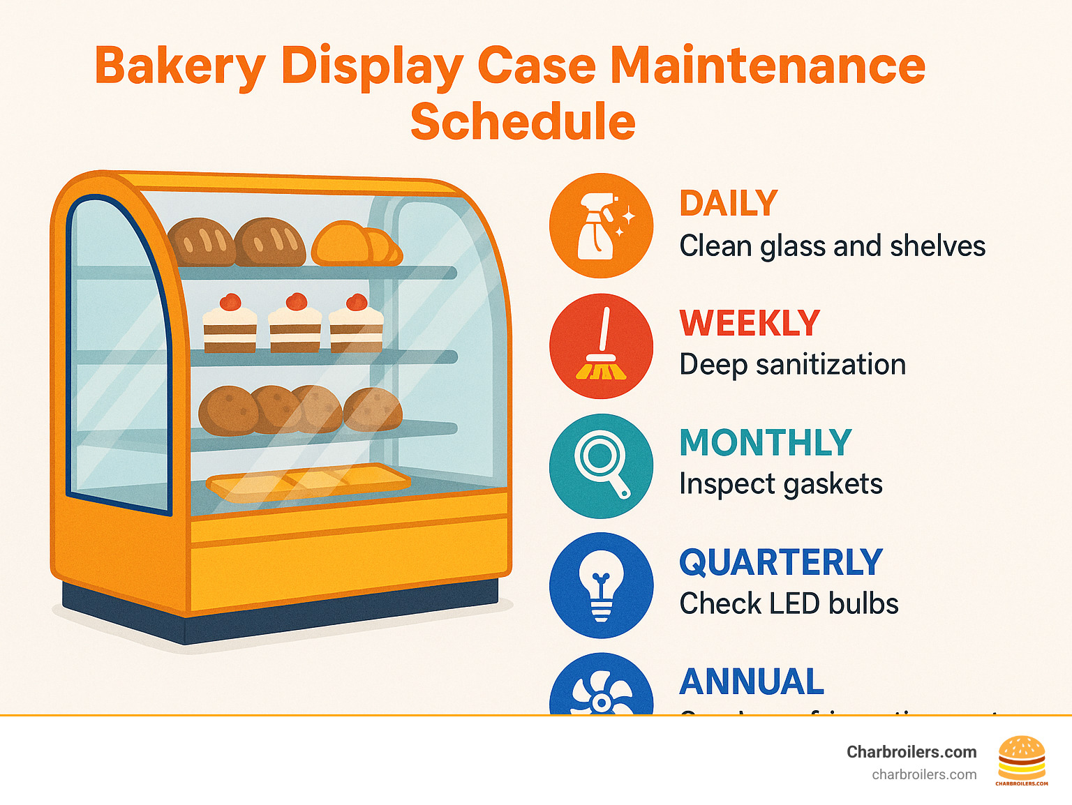 Infographic showing bakery display case maintenance schedule: daily cleaning of glass and shelves, weekly deep sanitization, monthly gasket inspection, quarterly LED bulb checks, and annual refrigeration system servicing for optimal performance and longevity - bakery display cases infographic 