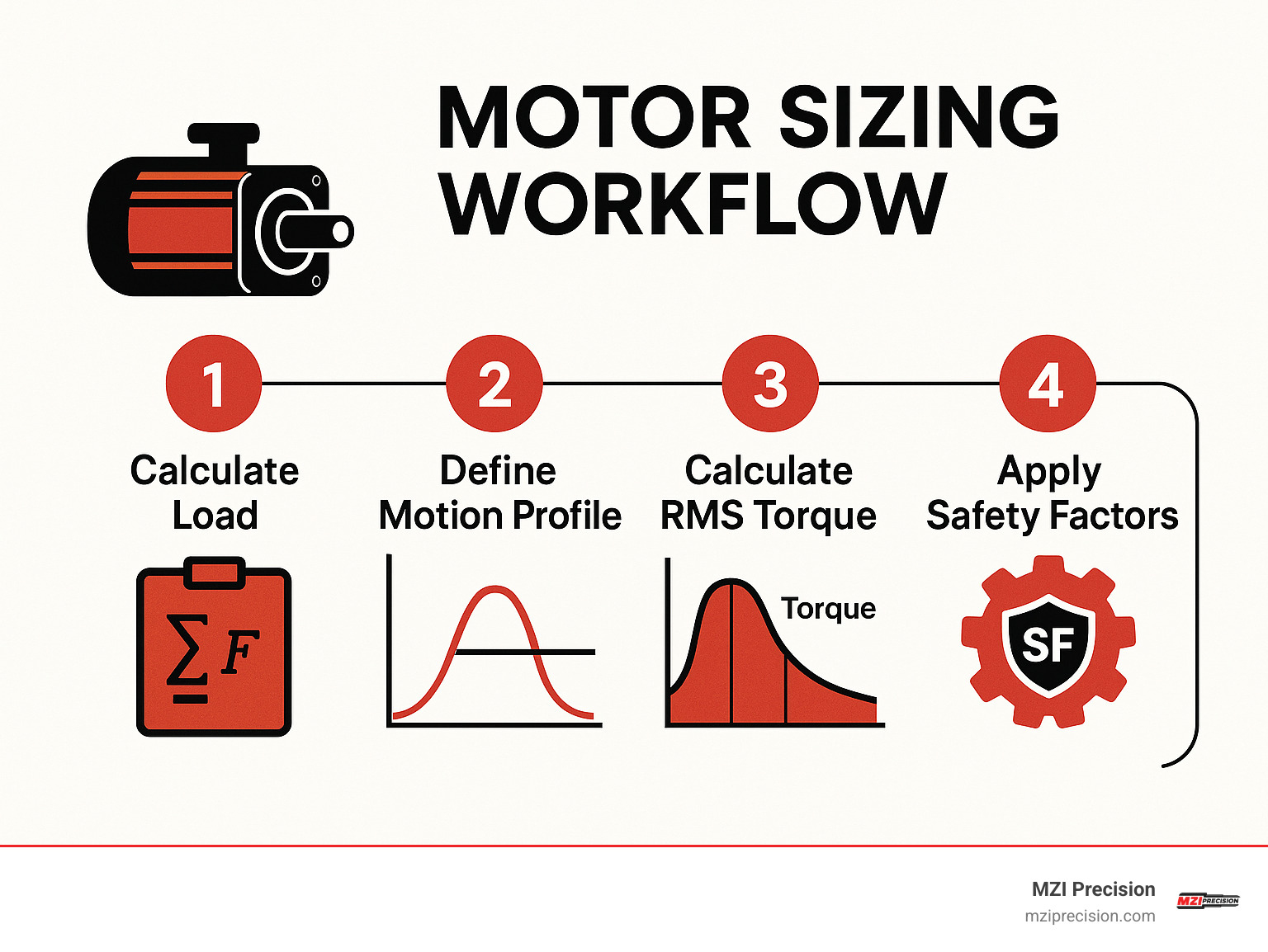 Infographic showing motor sizing workflow with load calculations, torque curves, and safety factor applications - ac servo motors infographic