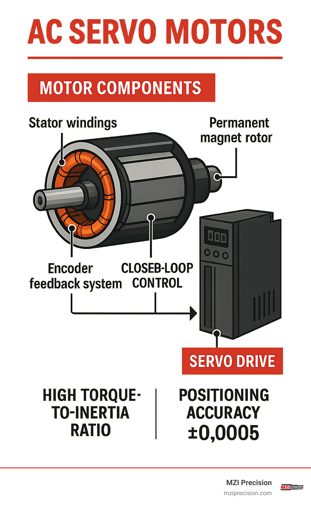 Detailed comparison infographic showing AC servo motor components including stator windings, permanent magnet rotor, encoder feedback system, and servo drive with closed-loop control architecture highlighting torque-to-inertia ratios and positioning accuracy specifications - ac servo motors infographic