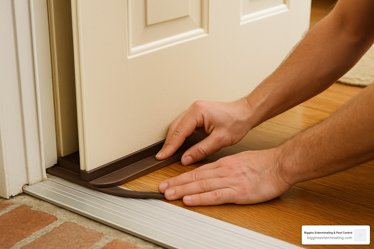 Sealing gap under door with weather stripping - Cockroach control services
