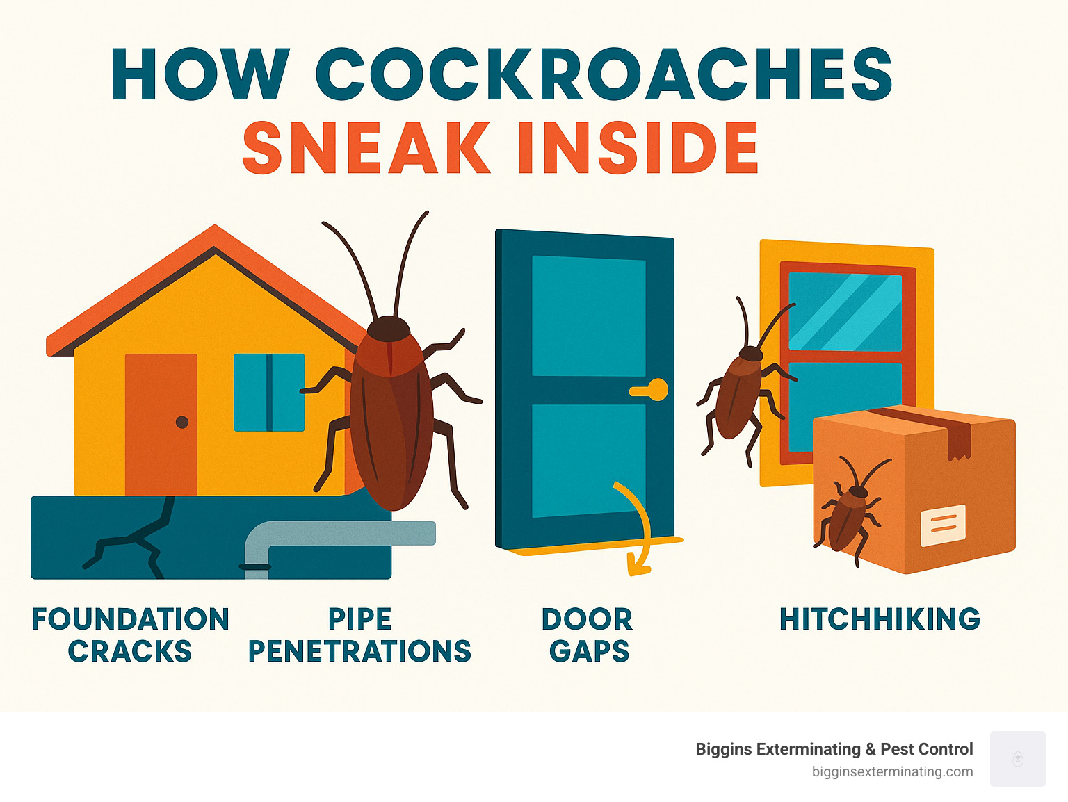 Comprehensive infographic showing cockroach entry points including foundation cracks, pipe penetrations, door gaps, window frames, and common hitchhiking routes through packages and deliveries - Cockroach control services infographic 