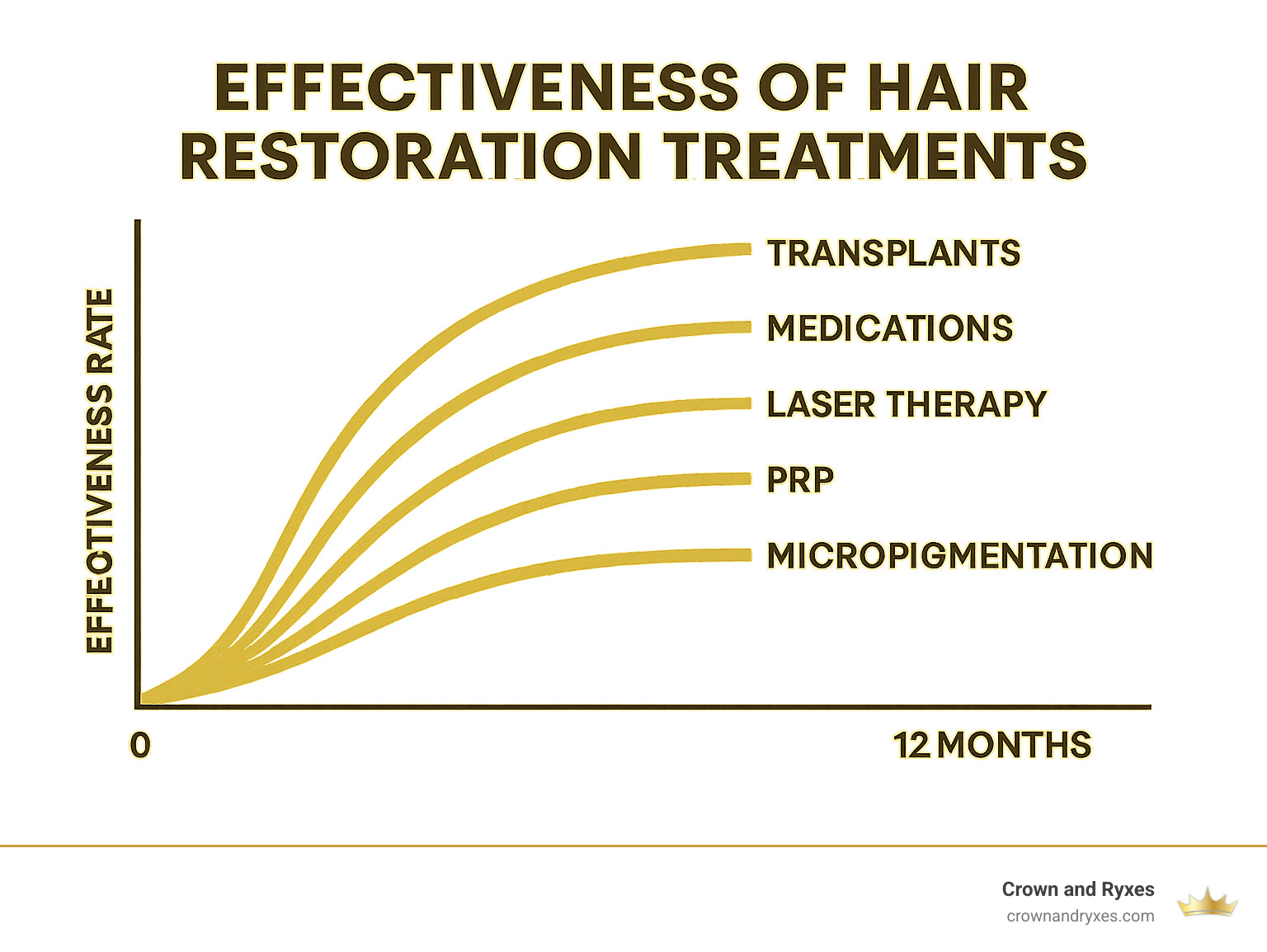 Comparison chart showing effectiveness rates of different hair restoration treatments including transplants, medications, laser therapy, PRP, and micropigmentation over 12-month timeline - body hair transplant cost infographic