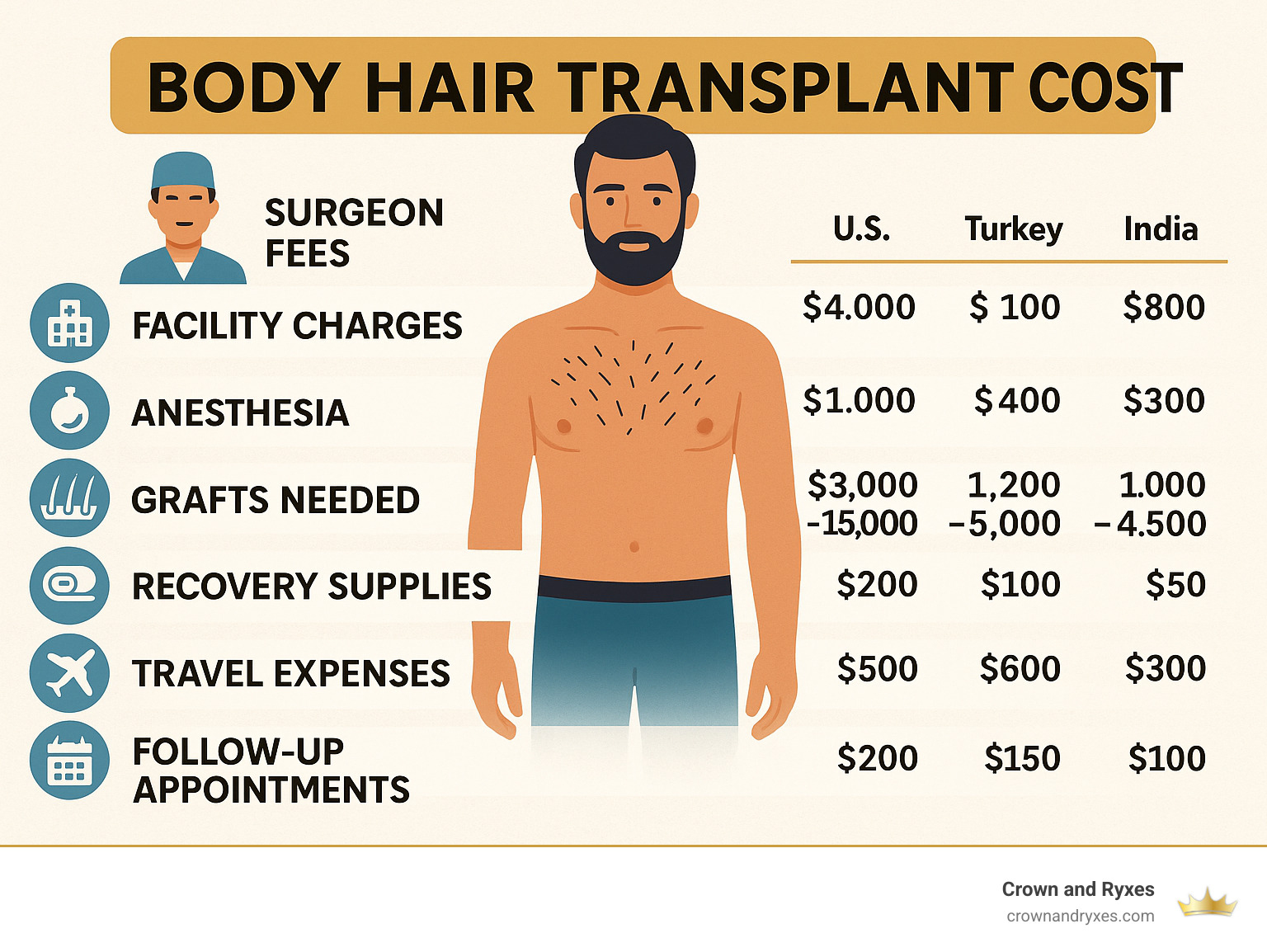 Comprehensive breakdown of body hair transplant costs including surgeon fees, facility charges, anesthesia, grafts needed, recovery supplies, travel expenses, and follow-up appointments with comparison between US, Turkey, and India pricing - body hair transplant cost infographic