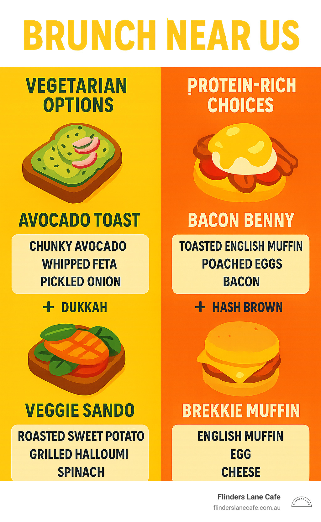 Comparison chart showing vegetarian options like Avocado Toast and Veggie Sando alongside protein-rich choices like Bacon Benny and Brekkie Muffin, with nutritional highlights and customisation options for each dish - brunch near us infographic 