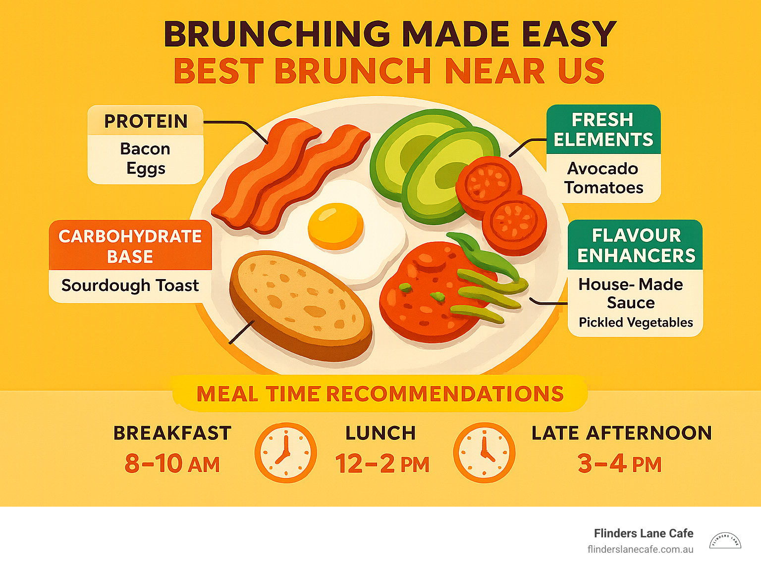 Detailed breakdown of the perfect all-day brunch plate showing protein options like bacon and eggs, fresh elements like avocado and tomatoes, carbohydrate bases like sourdough toast, and flavour improvers like house-made sauces and pickled vegetables, with timing recommendations for different meal periods - brunch near us infographic 