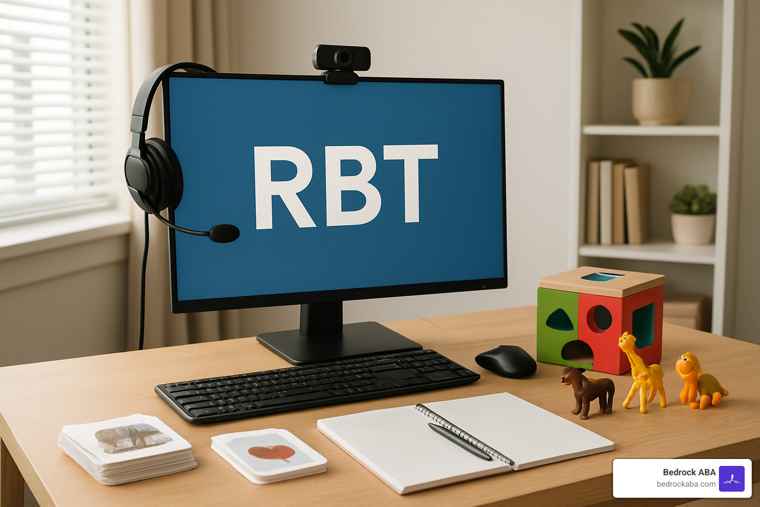 Technology setup for remote RBT work including computer, headset, and therapy materials - remote rbt jobs