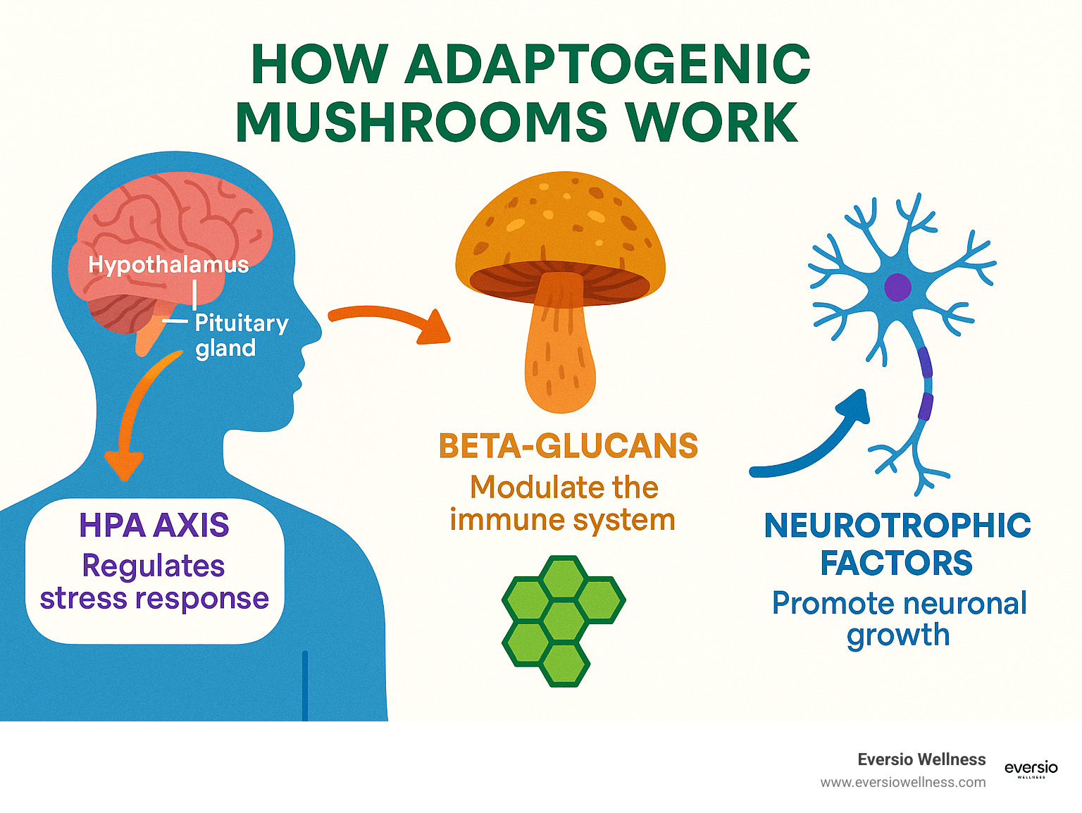 Infographic showing how adaptogenic mushrooms work through the HPA axis, beta-glucans, and neurotrophic factors - Adaptogenic mushroom benefits infographic 