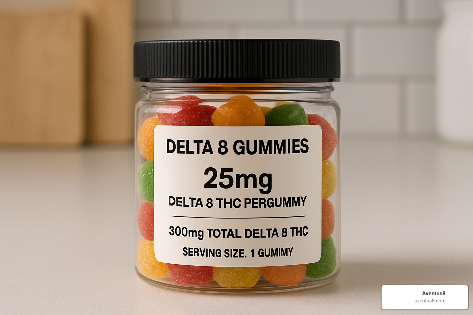 Labeled gummy jar showing potency information - Delta 8 gummies ingredients