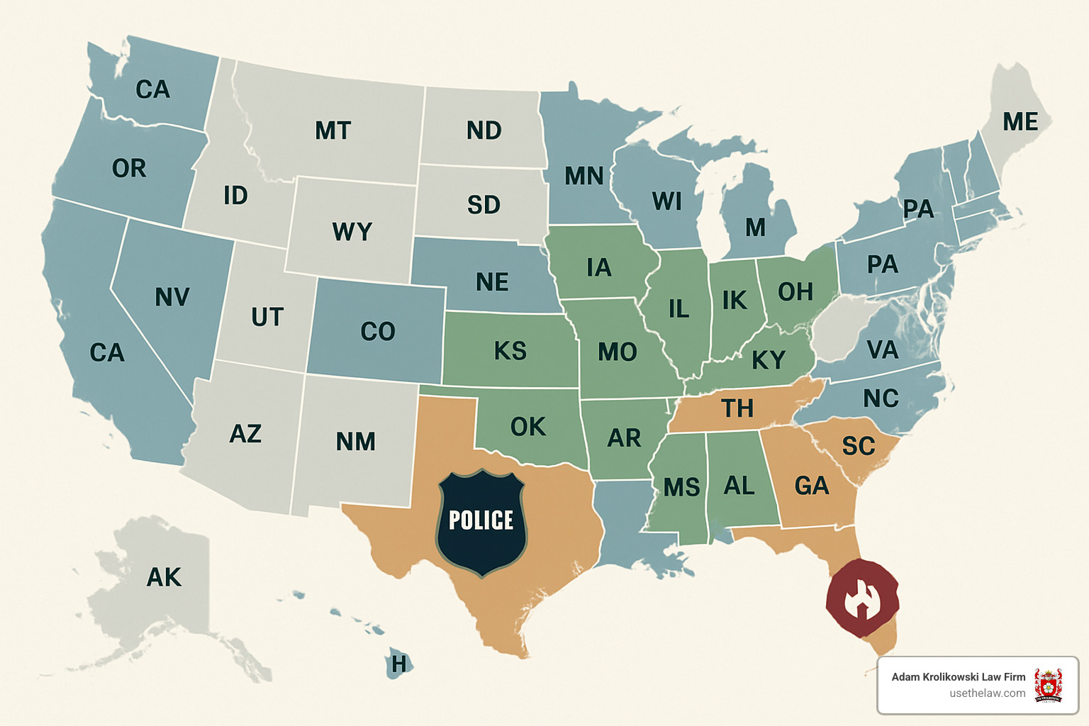 Map of the United States highlighting different state benefits for first responders - police firefighter injuries lawyer
