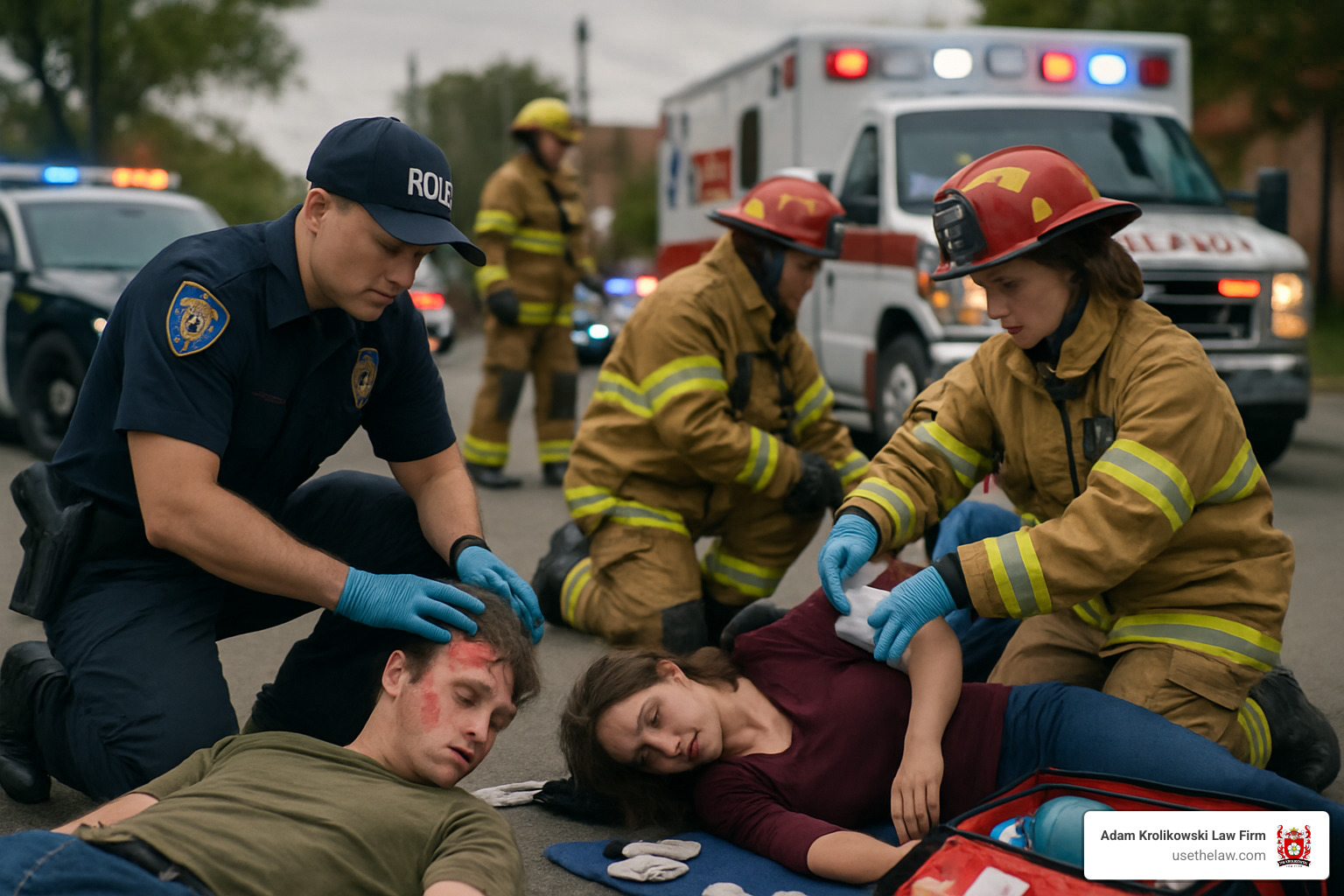 First responders treating injuries on scene - police firefighter injuries lawyer