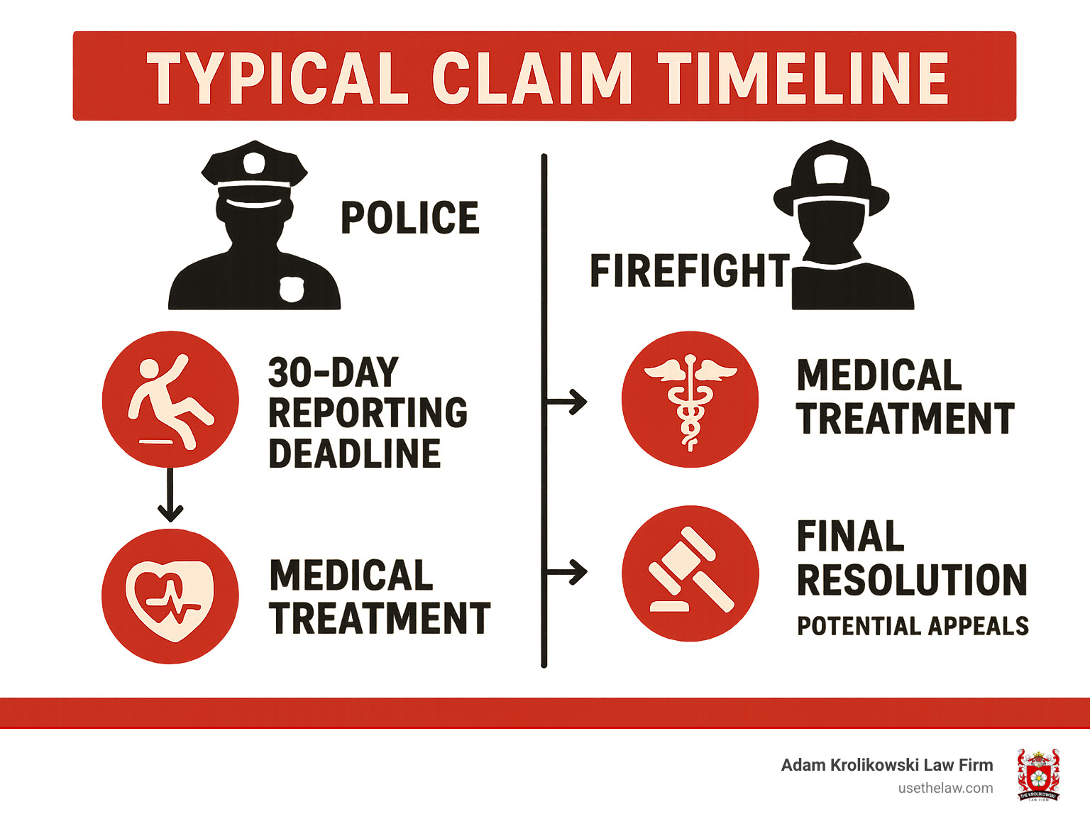 Infographic showing typical claim timeline from injury report through final resolution, including 30-day reporting deadline, medical treatment phase, claim investigation period, and potential appeals process - police firefighter injuries lawyer infographic 