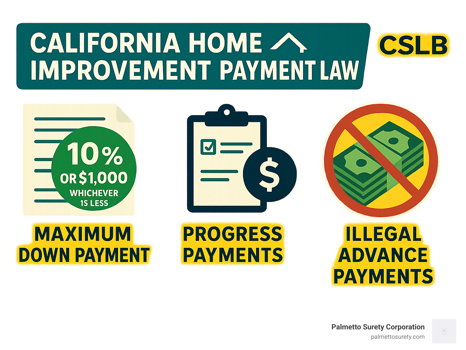 Infographic showing california home improvement payment law: maximum 10% down payment or $1,000 whichever is less, progress payments only for completed work, illegal advance payments highlighted - check license of contractor infographic Infographic showing california home improvement payment law: maximum 10% down payment or $1,000 whichever is less, progress payments only for completed work, illegal advance payments highlighted - check license of contractor infographic
