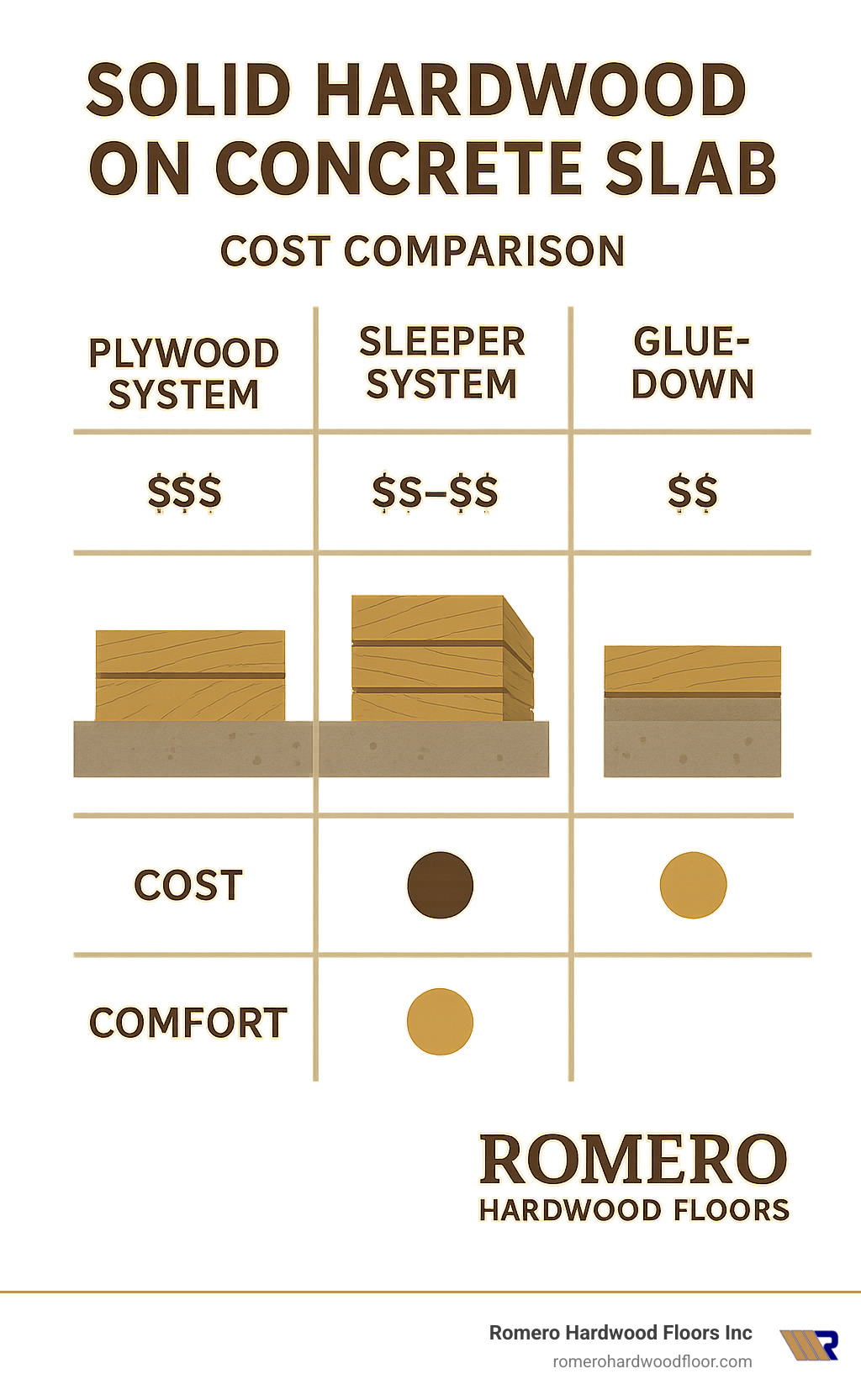 Cost comparison infographic showing relative costs, height impact, and comfort levels of different installation methods for solid hardwood on concrete - solid hardwood on concrete slab infographic Cost comparison infographic showing relative costs, height impact, and comfort levels of different installation methods for solid hardwood on concrete - solid hardwood on concrete slab infographic