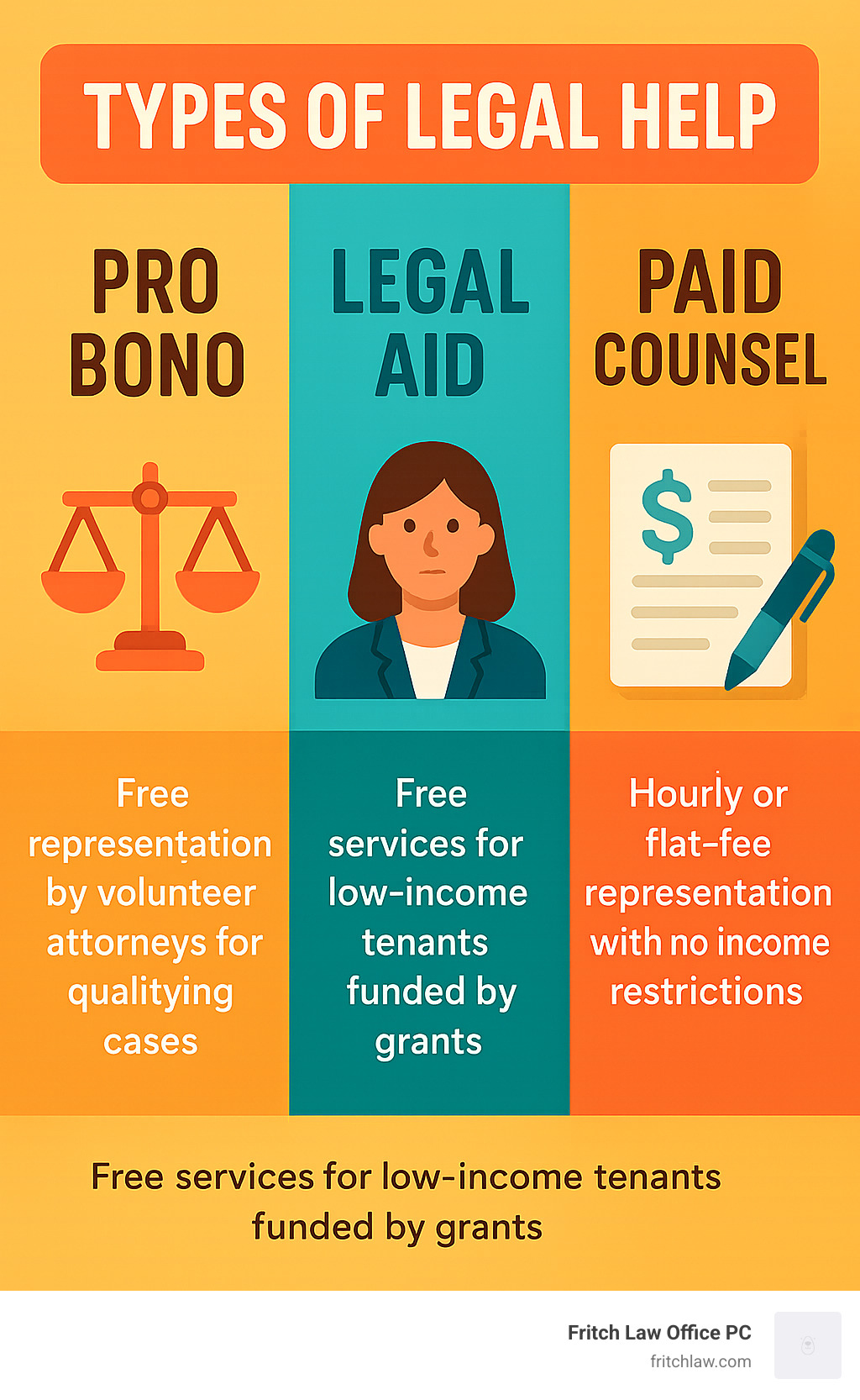 Infographic comparing three types of legal help: Pro Bono (free representation by volunteer attorneys for qualifying cases), Legal Aid (free services for low-income tenants funded by grants), and Paid Counsel (hourly or flat-fee representation with no income restrictions) - tenant lawyer free consultation infographic