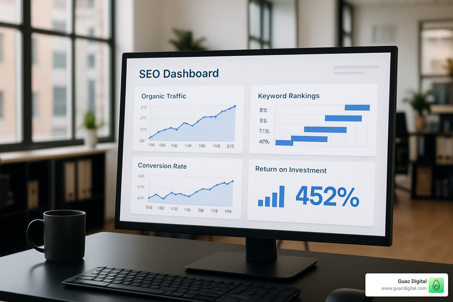 SEO dashboard displaying organic traffic trends, keyword rankings, conversion rates, and ROI metrics - How to improve SEO?