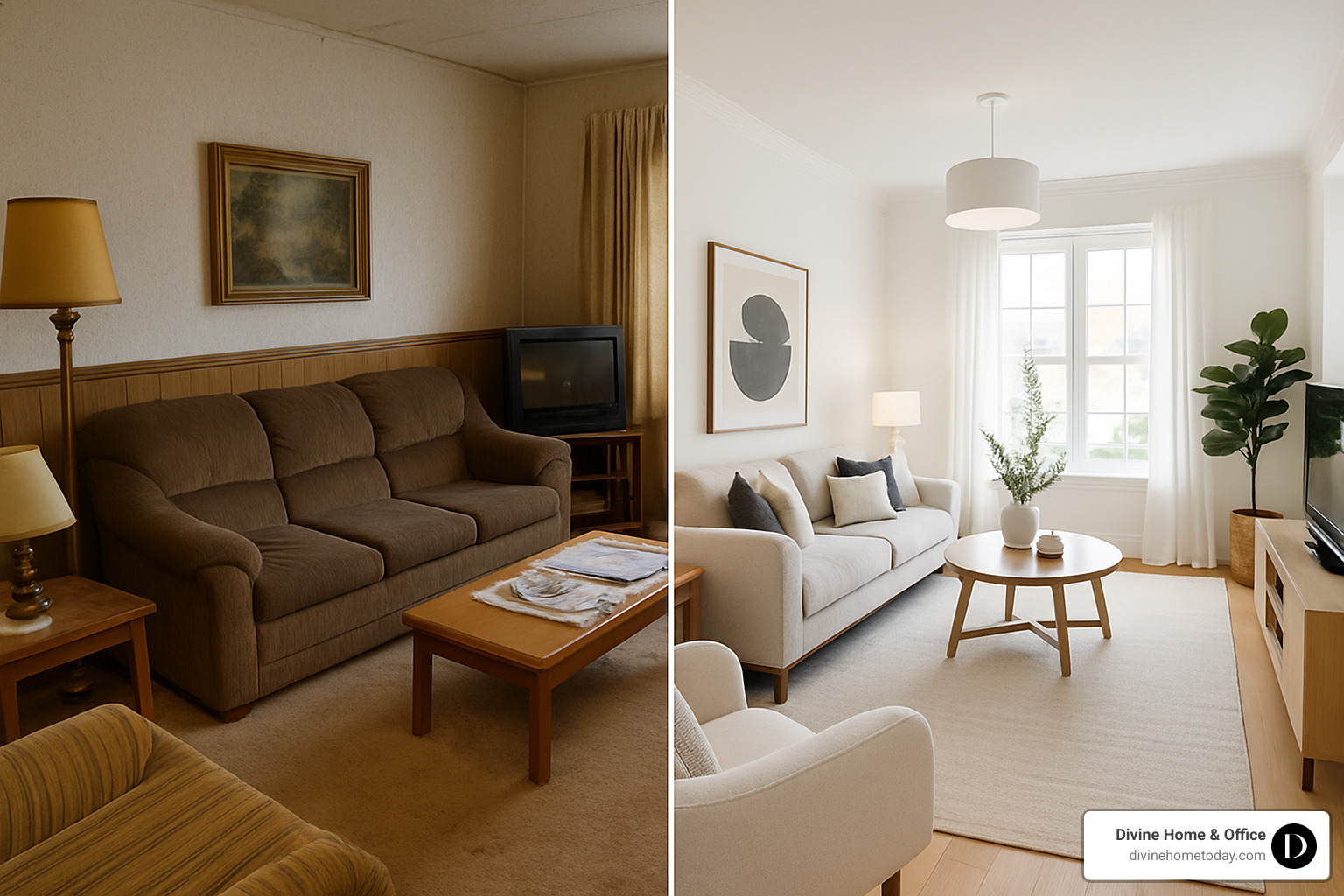 Before and after change montage showing dramatic interior makeovers - interior company